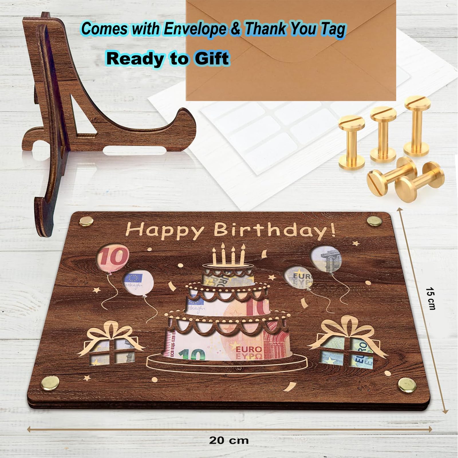 Jukibole Biglietto di auguri di anniversario in legno - Confezione regalo in argento con biglietto di ringraziamento, taglia XL, 20 x 15 cm, motivo ritagliato, regalo di compleanno per amici