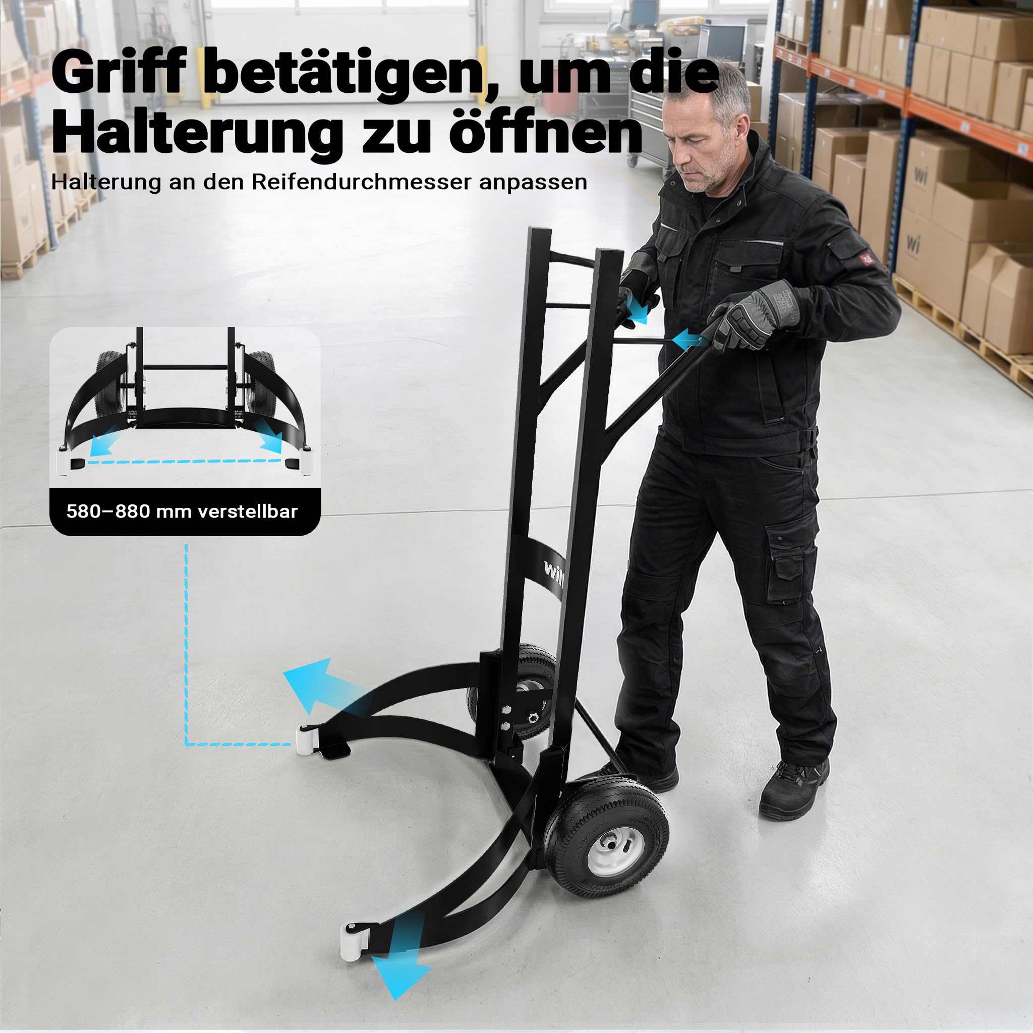 Wiltec Reifenkarre bis 200 kg mit Kippsystem, Transportkarre mit PU Rädern, Reifenwagen mit verstellbaren Greifarmen