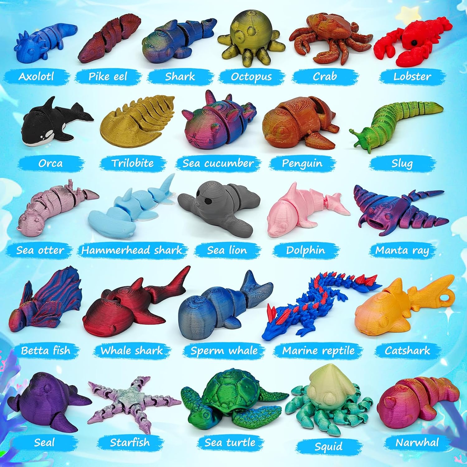 26Pcs 3D Printed Ocean Animals Set, Mini Animals 3D Printed Toys, Ocean Animal Figurines Toys, Fidget Articulated Flexible Toy for Party Favors Birthday Gifts Office Desktop Christmas Decoration