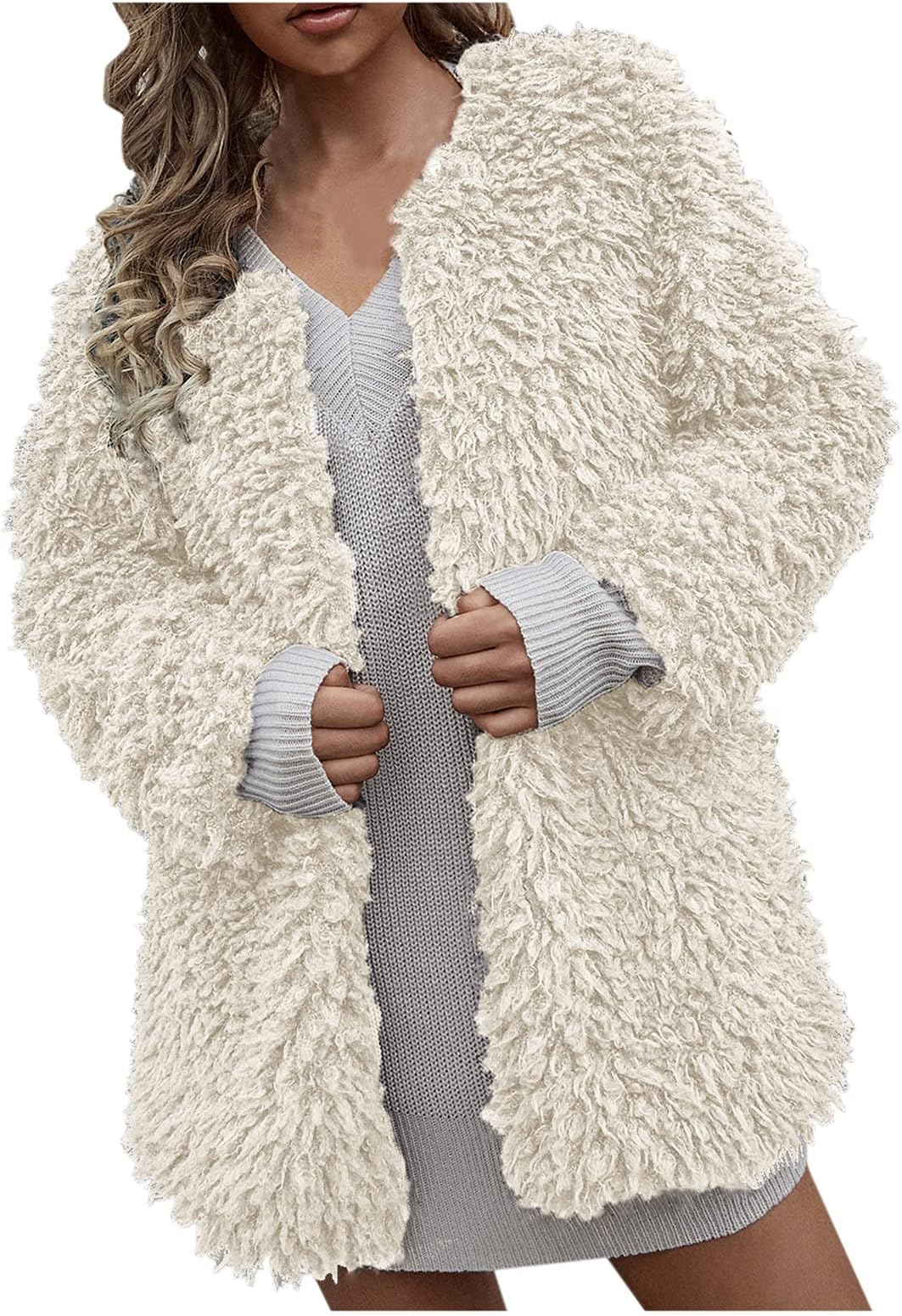 NEEDRA Womens Teddy Fleece Coats Ladies Warm Artificial Wool Coat Jacket Lapel Winter Outerwear Teddy Bear Fluffy Fleece Coats