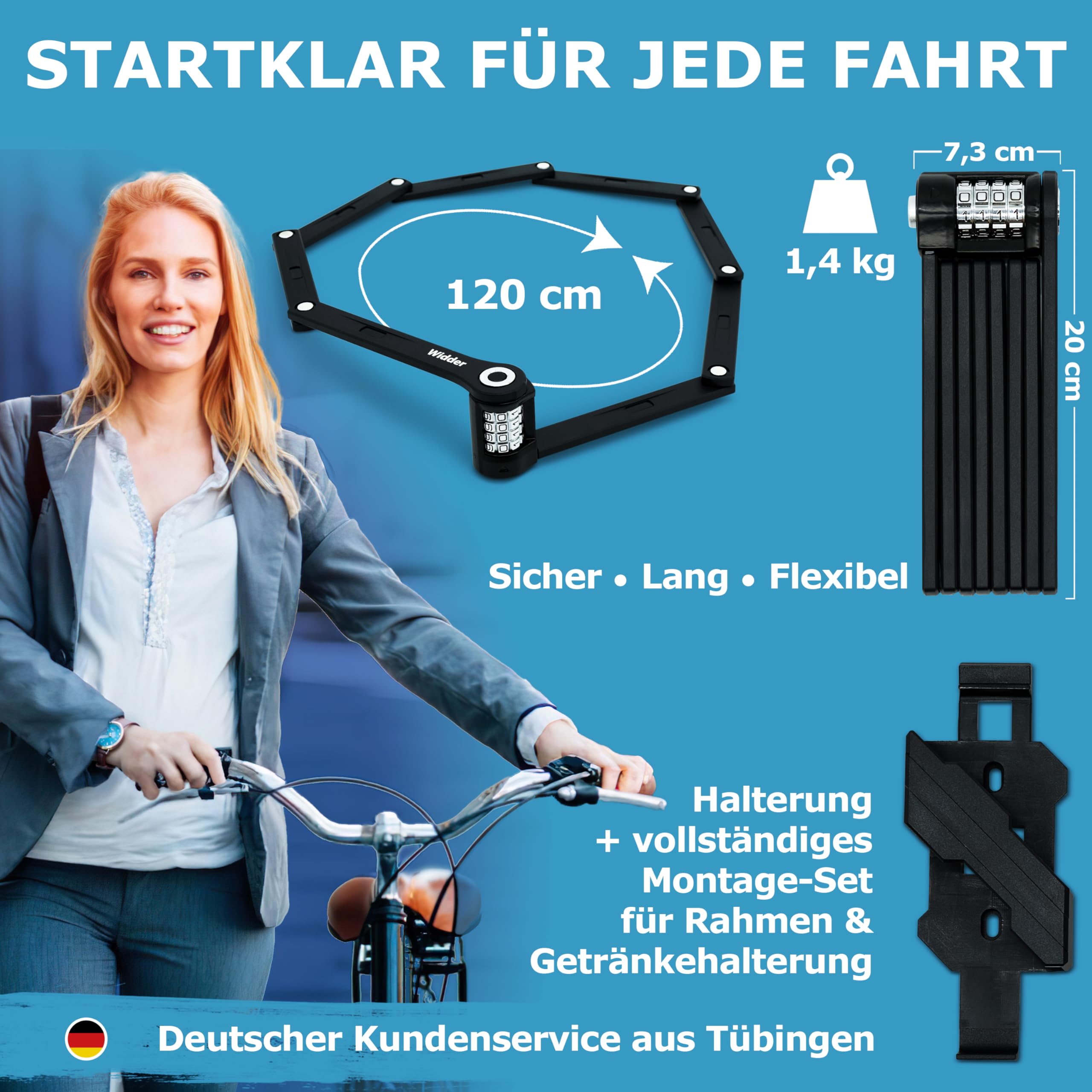 WIDDER 120cm Extrem Sicheres Fahrradschloss Zahlenschloss [Titan-Stahl Level 15] - 120 cm Faltschloss Fahrrad Zahlen Schloss mit Halterung - e Bike Lock & e Scooter Schloss mit Zahlencode