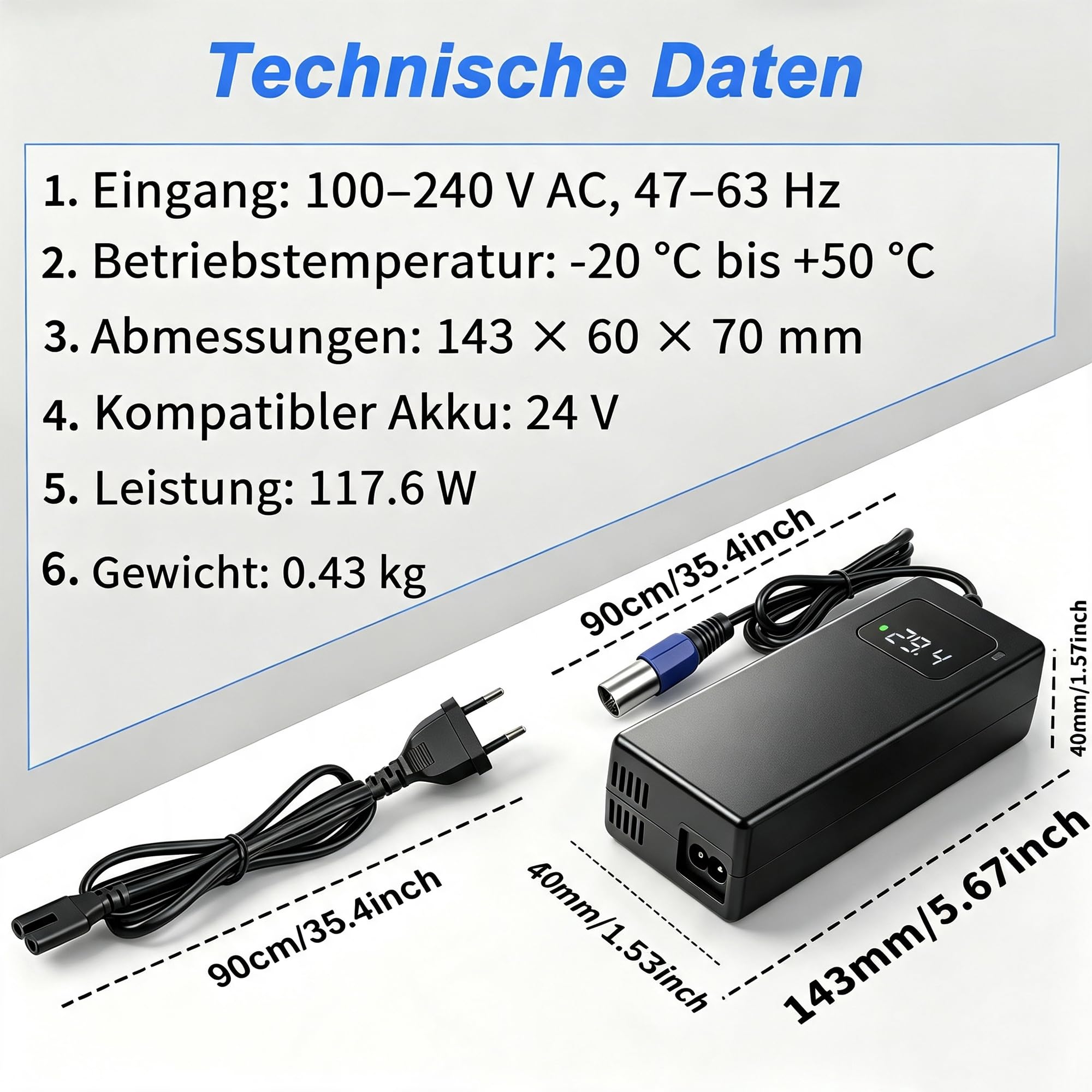 Chargeur rapide 29,4 V 4 A avec connecteur XLR 3 broches pour batteries lithium-ion 24 V, convient pour les transports personnels et les appareils mobiles, avec fonction d'affichage de la tension de