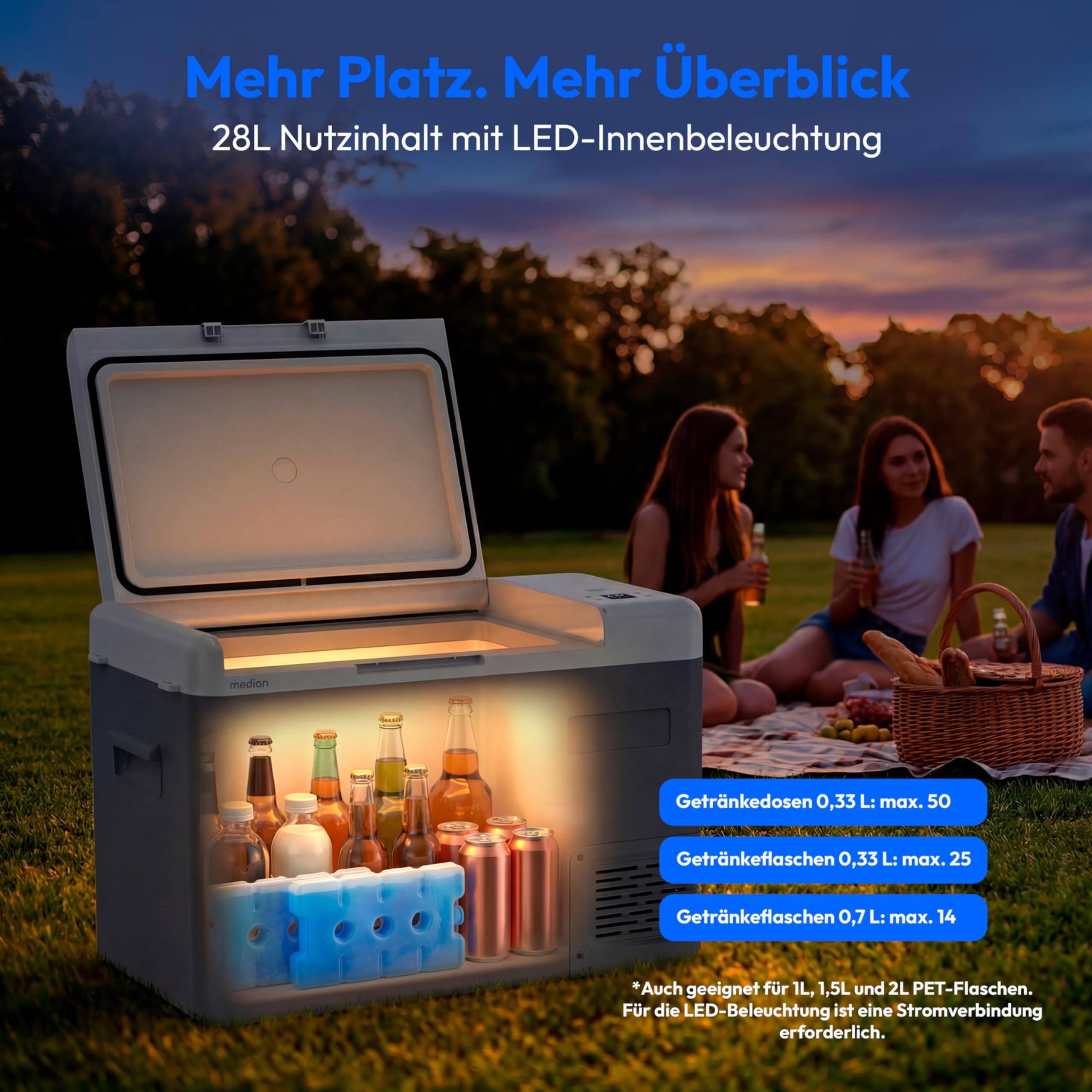 MEDION MD370027 chłodziarka chłodząca sprężarka przenośna mini lodówka elektryczna, adapter 12 V 24 V 230 V samochód ciężarówka kemping łódź festiwal