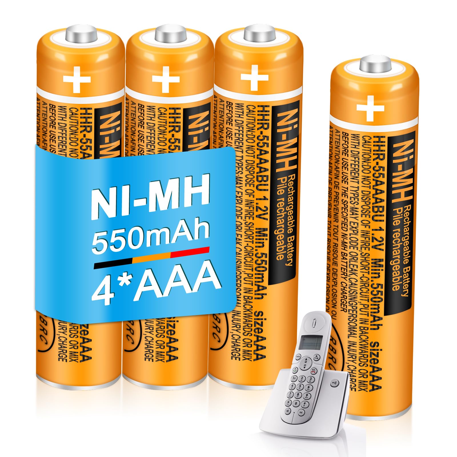 Piles rechargeables AAA 550 mAh 1,2 V Ni-MH pour téléphone sans fil Panasonic | Lot de 4 batteries de rechange HHR-55AAABU préchargées pour téléphones BT Gigaset DECT