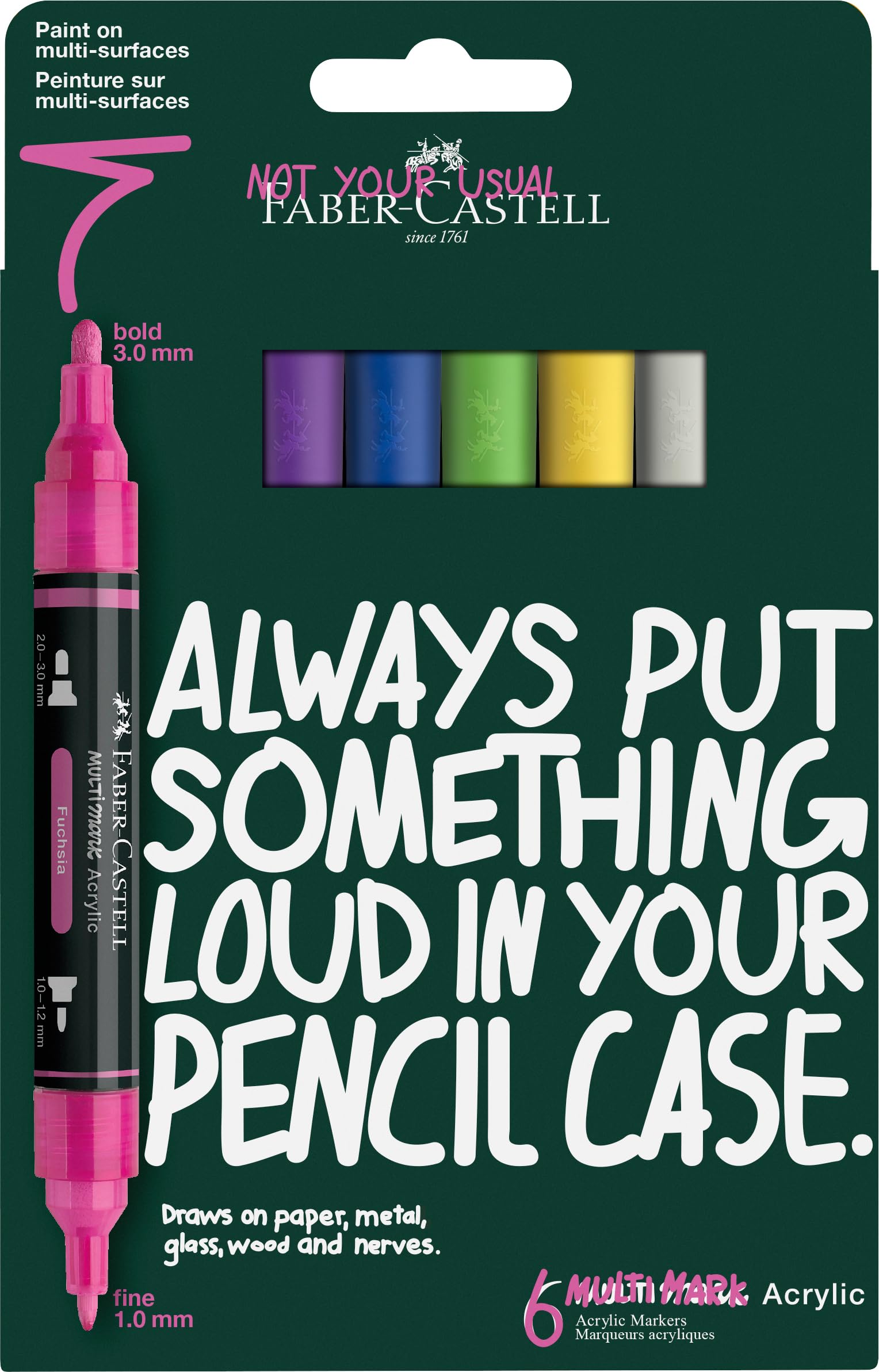 Faber-Castell Multimark Acrylic Dual Marker, Set of 6 Vibrant Colours, Art Set Supplies, Water-Based Acrylic Marker Pen, Double Ended, Bold & Fine Tip, Art Markers, Colouring Pens, Highlighters