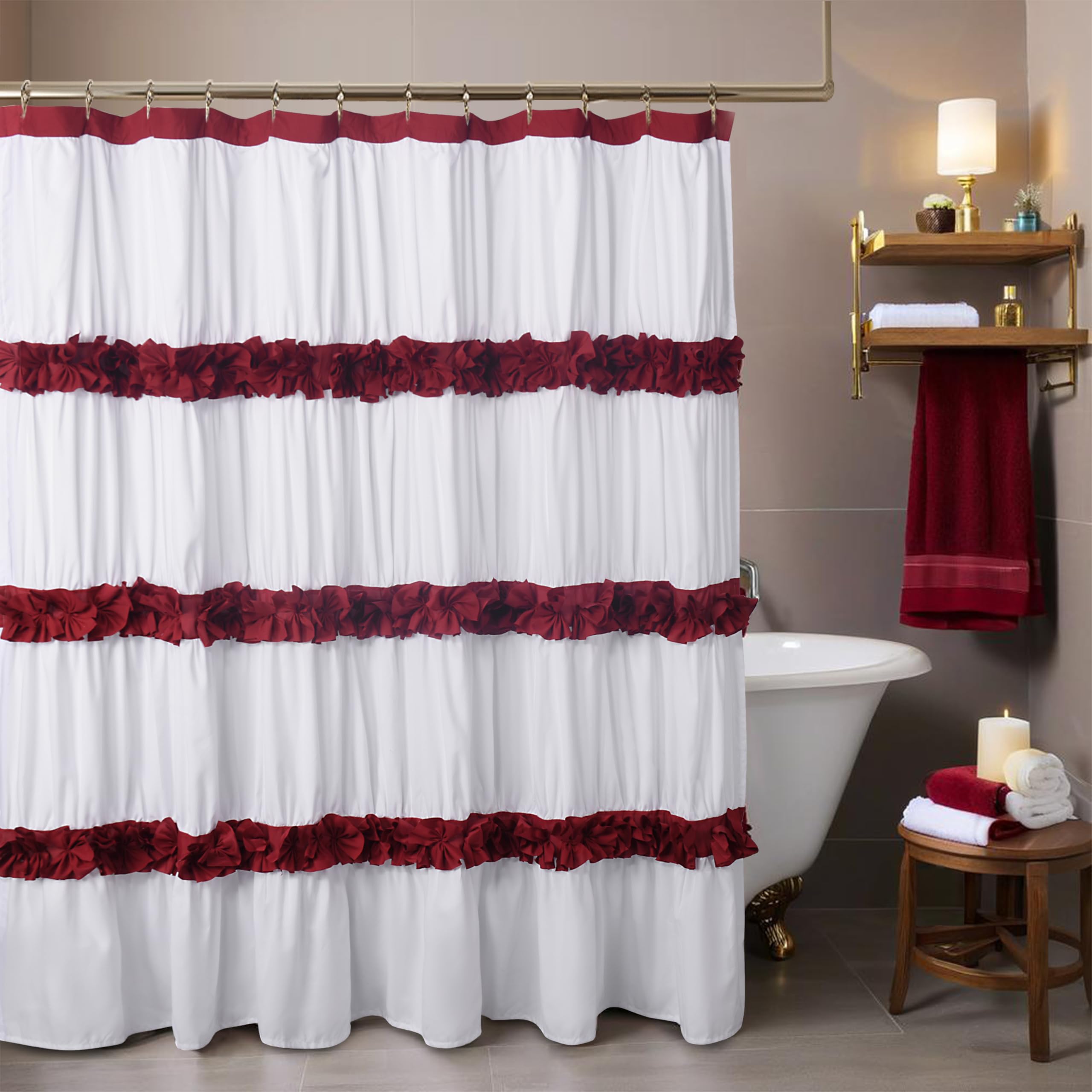 Homechoice Decor Vintage Burgundy Ruffle Shower Curtain – White Fabric Bathroom Curtain with Layered Floral Pleats 72" W x 72" H, Romantic Farmhouse Chic Style, Perfect for Holiday Bathroom Makeover — image 1