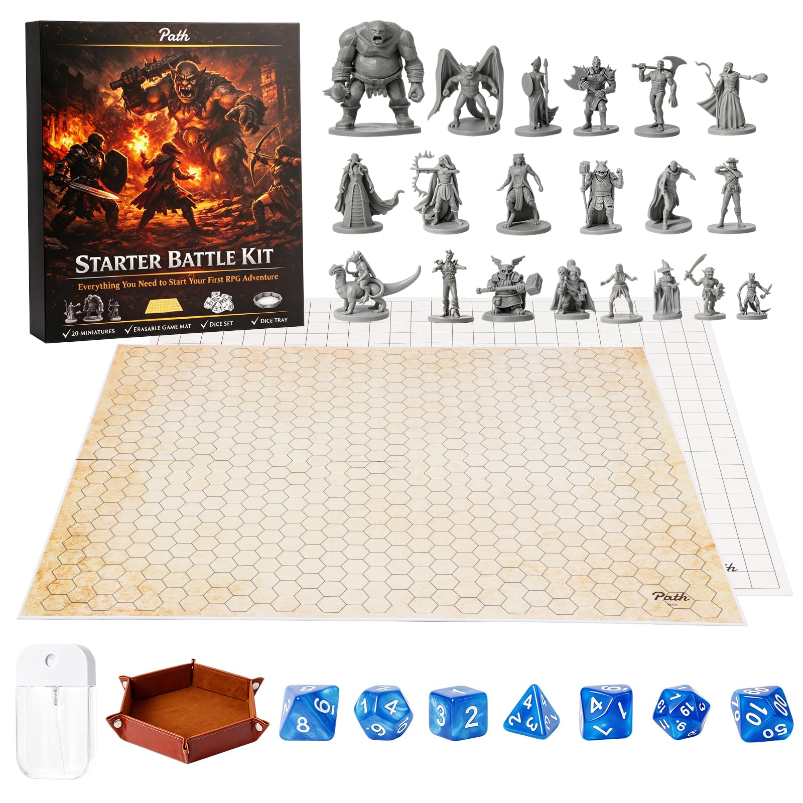 Path Gaming Kit completo di gioco di ruolo da tavolo con tabellone da gioco cancellabile a secco e bagnato, 20 mini fantasy unici, dadi poliedrici da 7 pezzi e vassoio per dadi per campagne 5E e Game | Tabellone da gioco cancellabile a secco/bagnato, 23 x