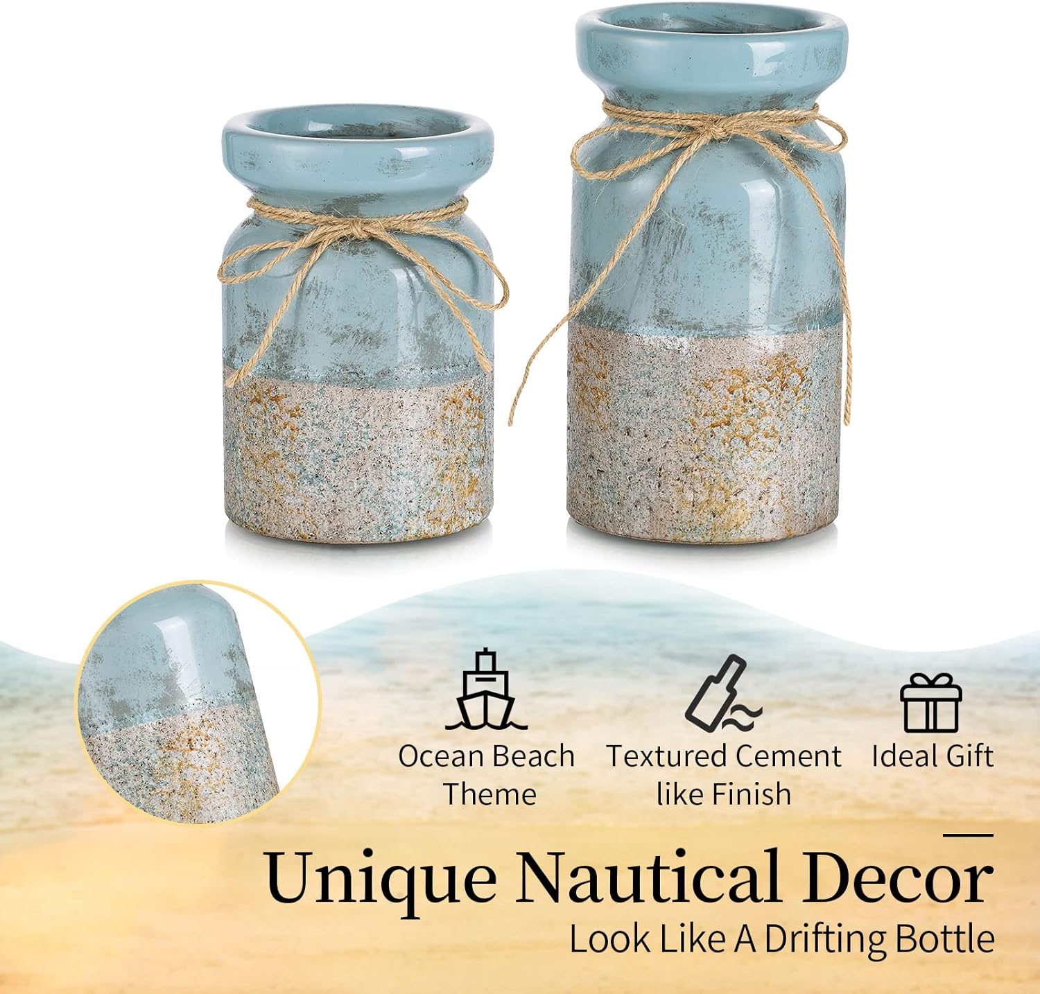 Romadedi Beach Pillar Candle Holder - Terracotta Distressed Blue Teal Ocean Theme Decor Drift Bottle Design Nautical Rustic Farmhouse Gift for Coastal Home Bathroom