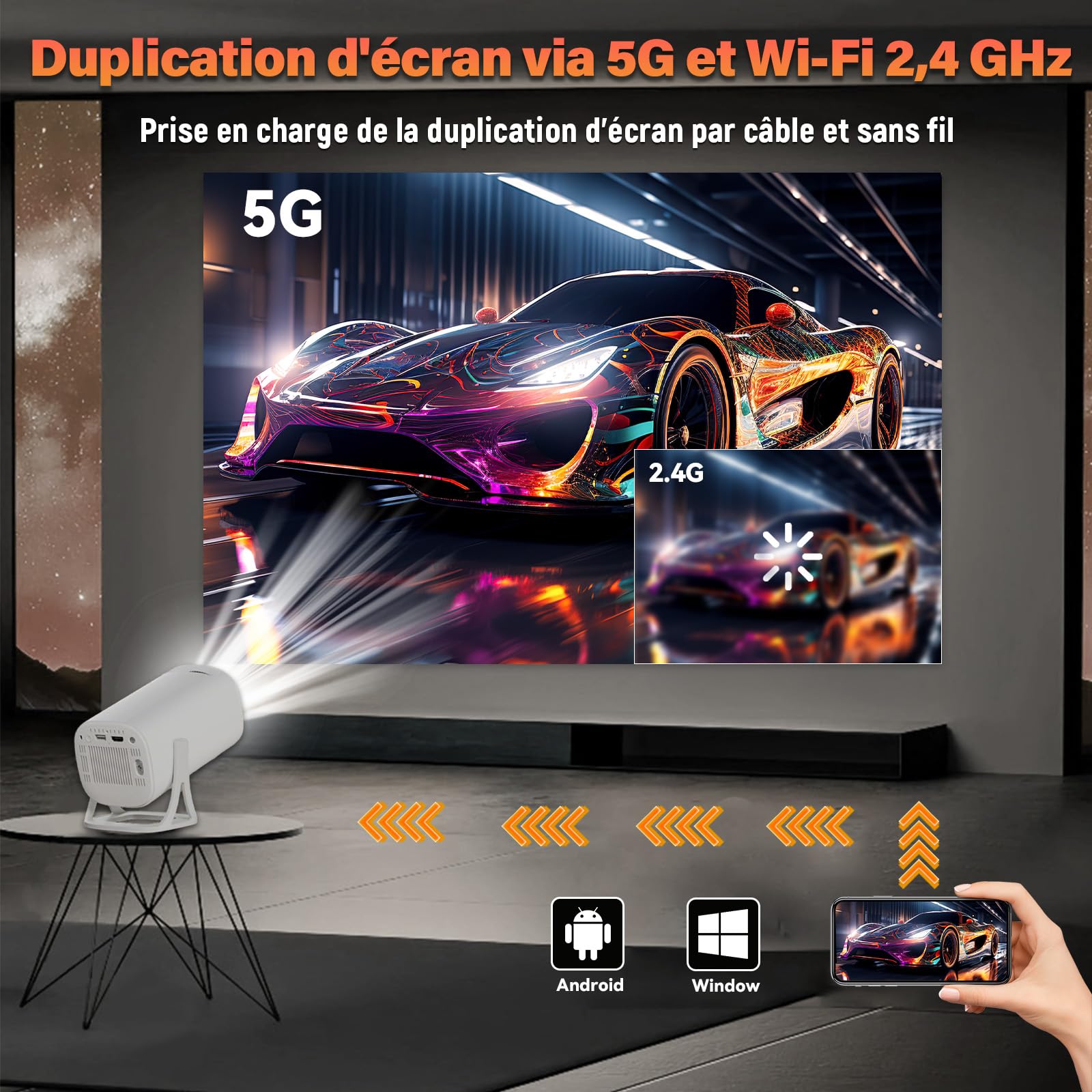 S40 Mini Projecteur Video avec WiFi & Bluetooth,Android 11 Videoprojecteur Portable Rotation de 180°,1024x600P,Retroprojecteur Compatible avec Smartphone/Ordinateurs Portable/TV/Enceinte (160 Lumen)