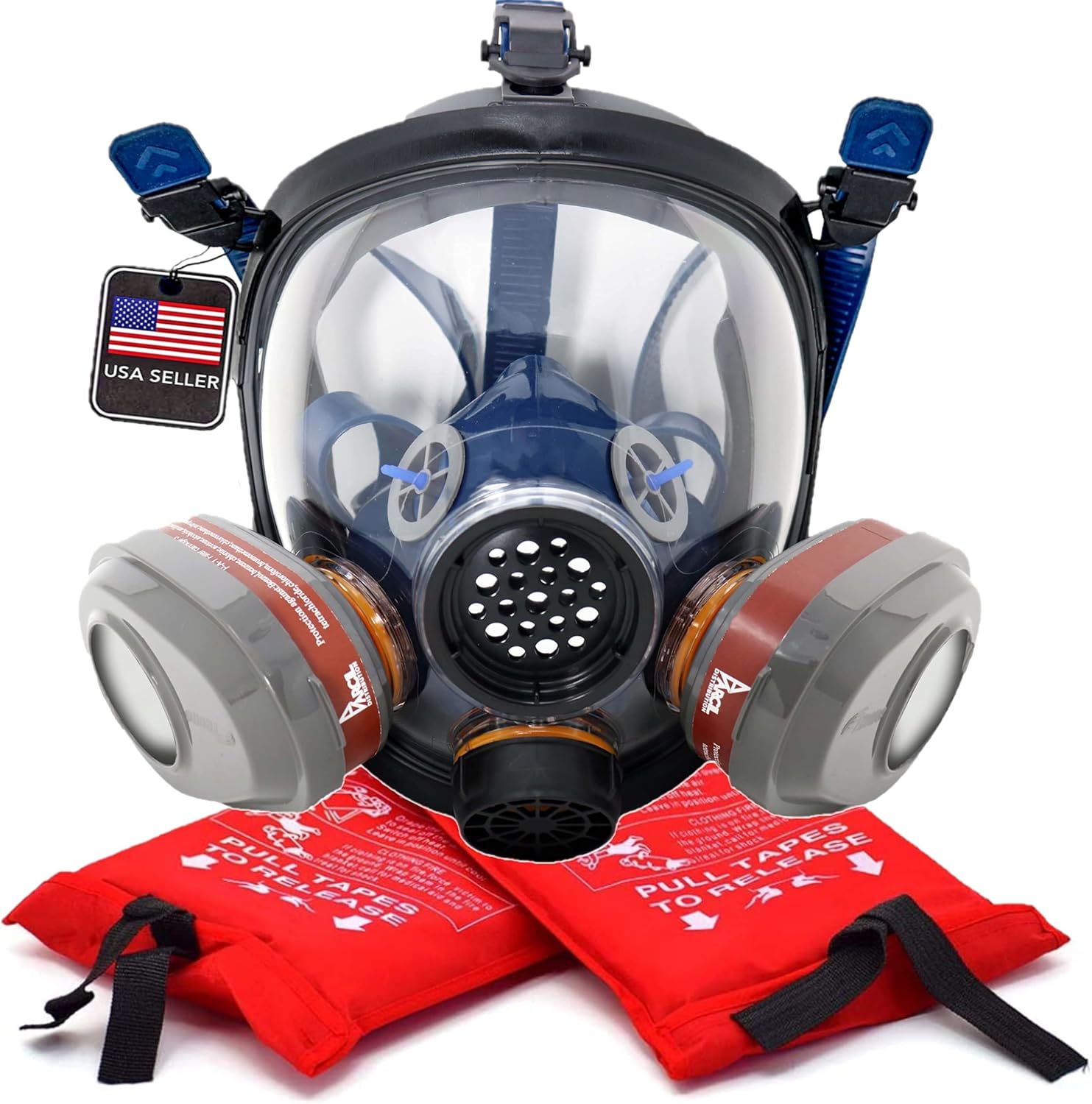 Home Fire Safety Kit - PT-101 Full Face Respirator with Smoke Filtration & 2 Emergency Fire Extinguisher Home Blankets - Dual Activated Charcoal Filter Set Included