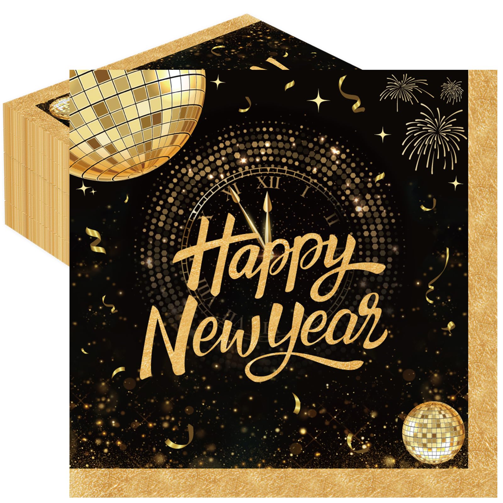 GULWAT 50 PCS Happy New Year 2026 Napkins Disposable Black Gold Dinner 6.5 × 6.5'' Paper Napkins for 2026 Home New Years Eve Party Table Decorations