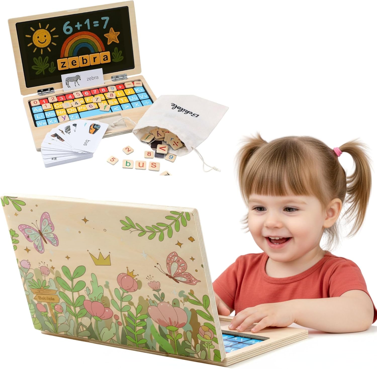Montessori Toys 4 Year Old Girl Birthday Gifts 11.8" Floral Laptop, Homeschool Essentials, Educational Learning Pretend Play, Toddlers Toys, Customized Flashcards Learning