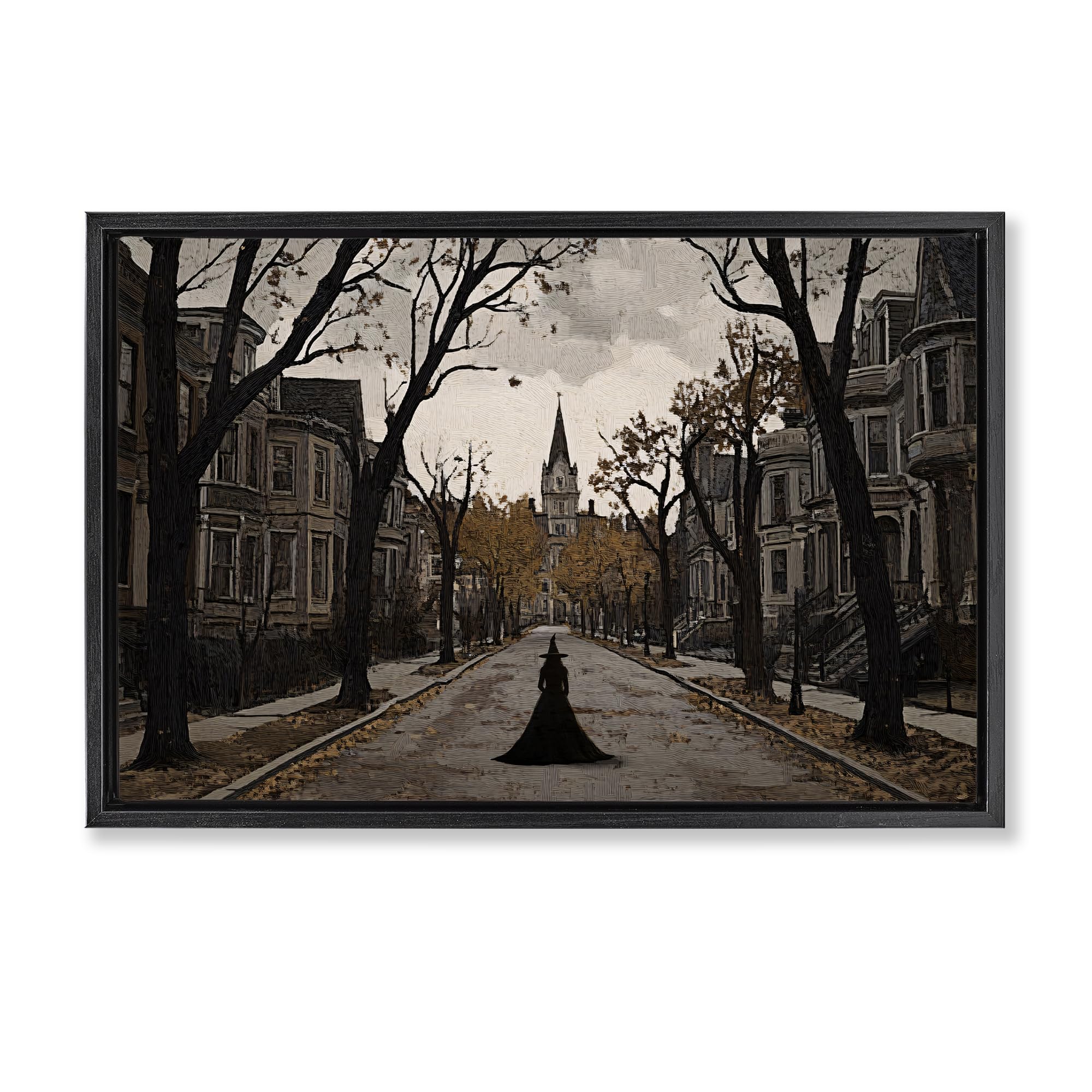 Stupell Industries Jet Black (Matte) 'Witch Strolling Town Streets'| Floating Frame Canvas Art