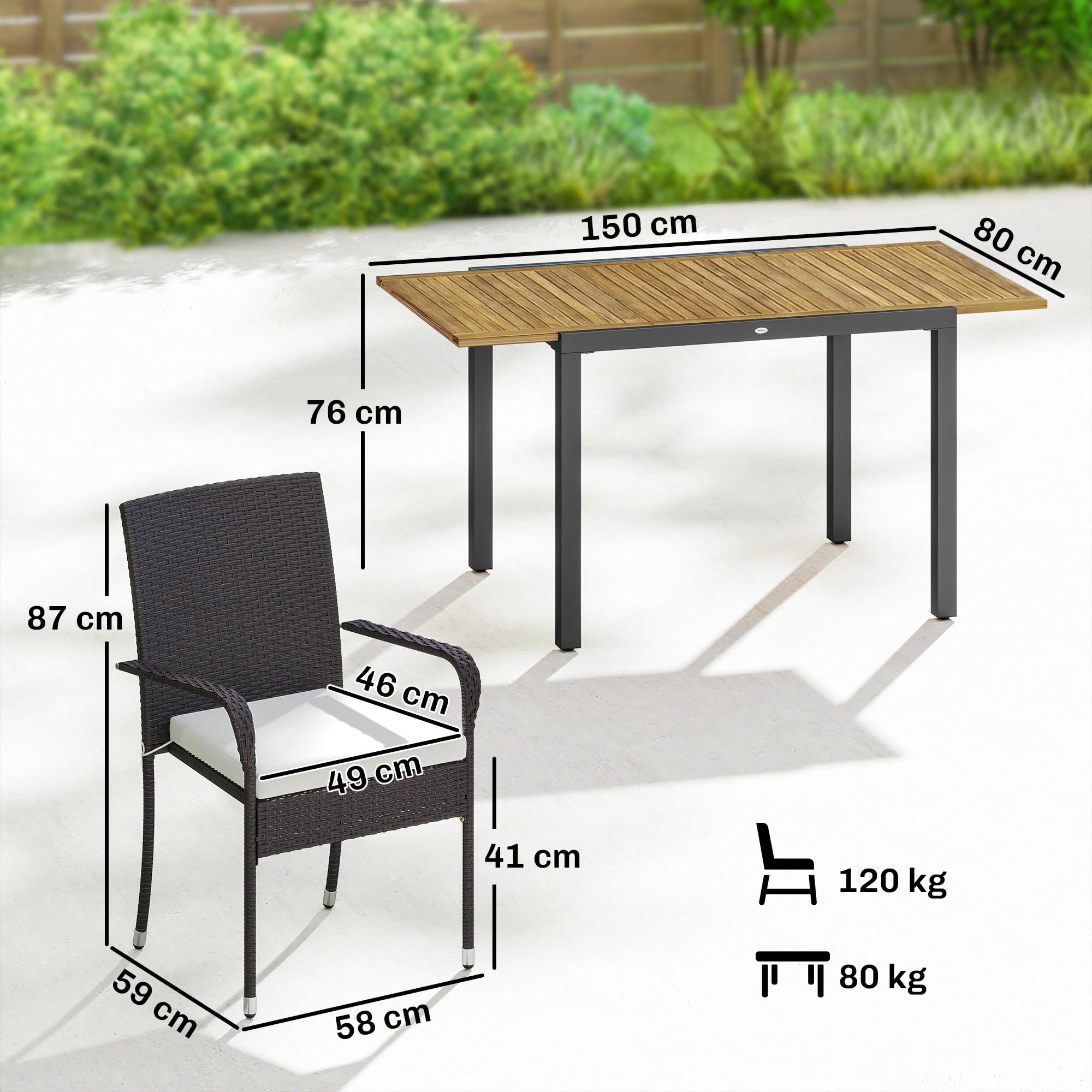Outsunny Conjunto de Mesa y Sillas Jardín de Ratán de 7 Piezas, Crema | Mesa Extensible 100-150 cm Tablero Madera,6 Sillas Apilables,Cojines Extraíbles,Marco de Acero,Muebles Jardín Exterior