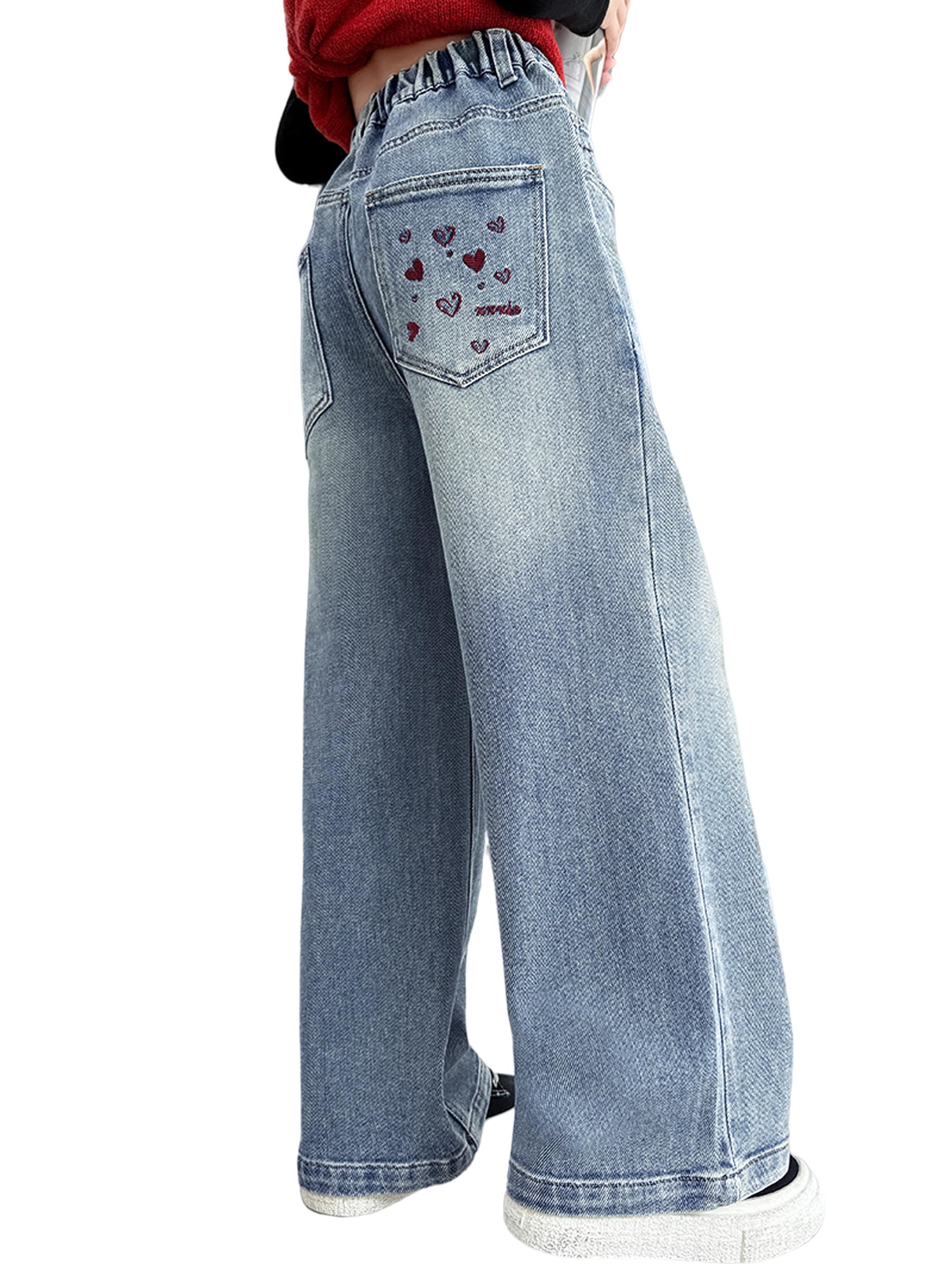Jean Baggy Fille Rolanko - Taille Haute élastique, Jambes Larges, Broderies, 6-15 Ans, Denim Délavé