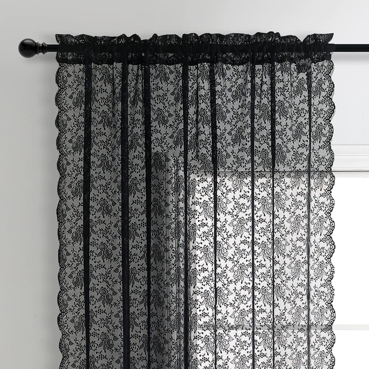 Black Lace Curtains for Bedroom Rose Floral Knitted Sheer
