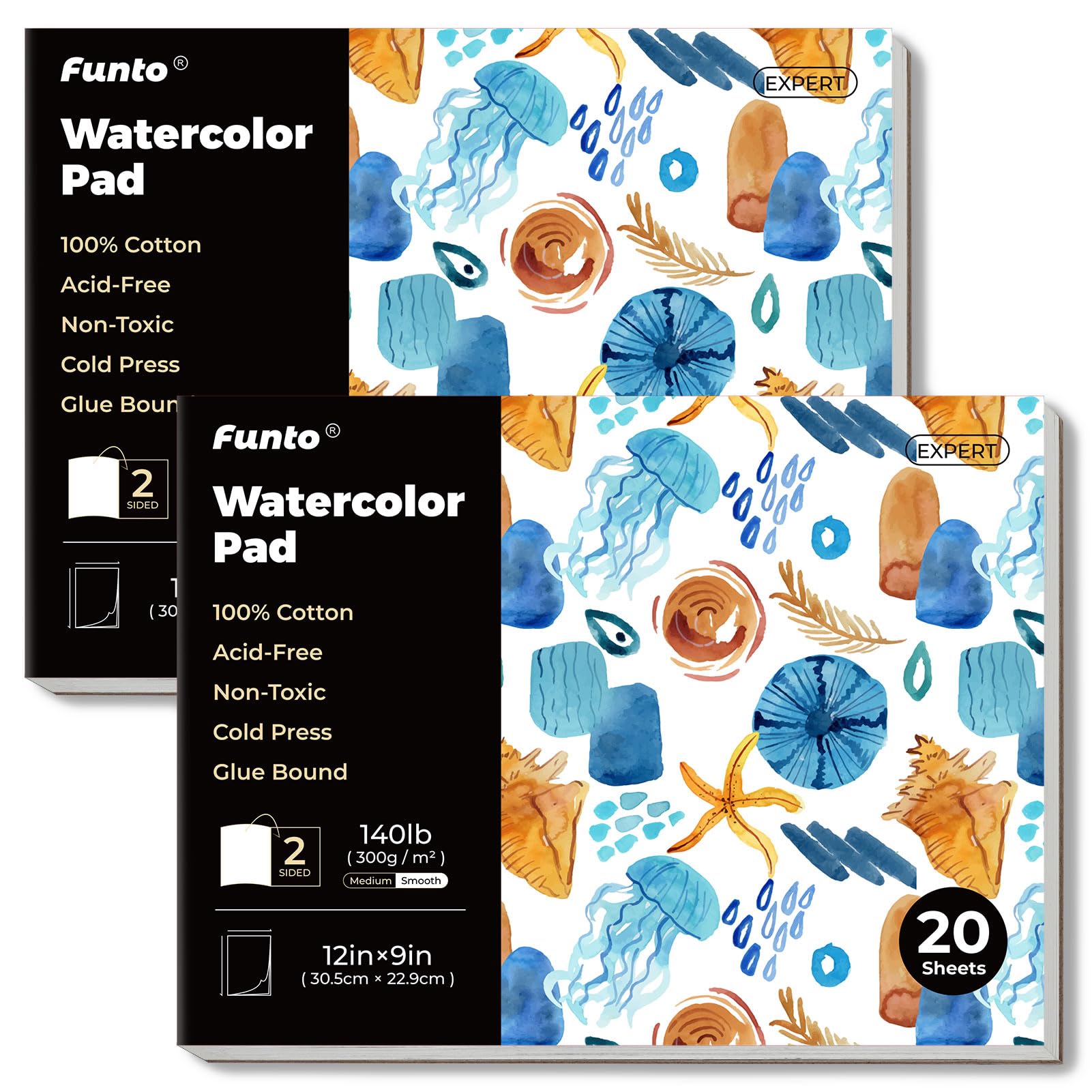Funto Watercolor Pad, 2Packs, 12’’×9’’, 20 Sheets Each(140lb/300gsm), 100% Cotton, Cold Press, Glue Bound, Double-Sided, Easy Tear Watercolor Paper for Artists, Beginners, and Professionals