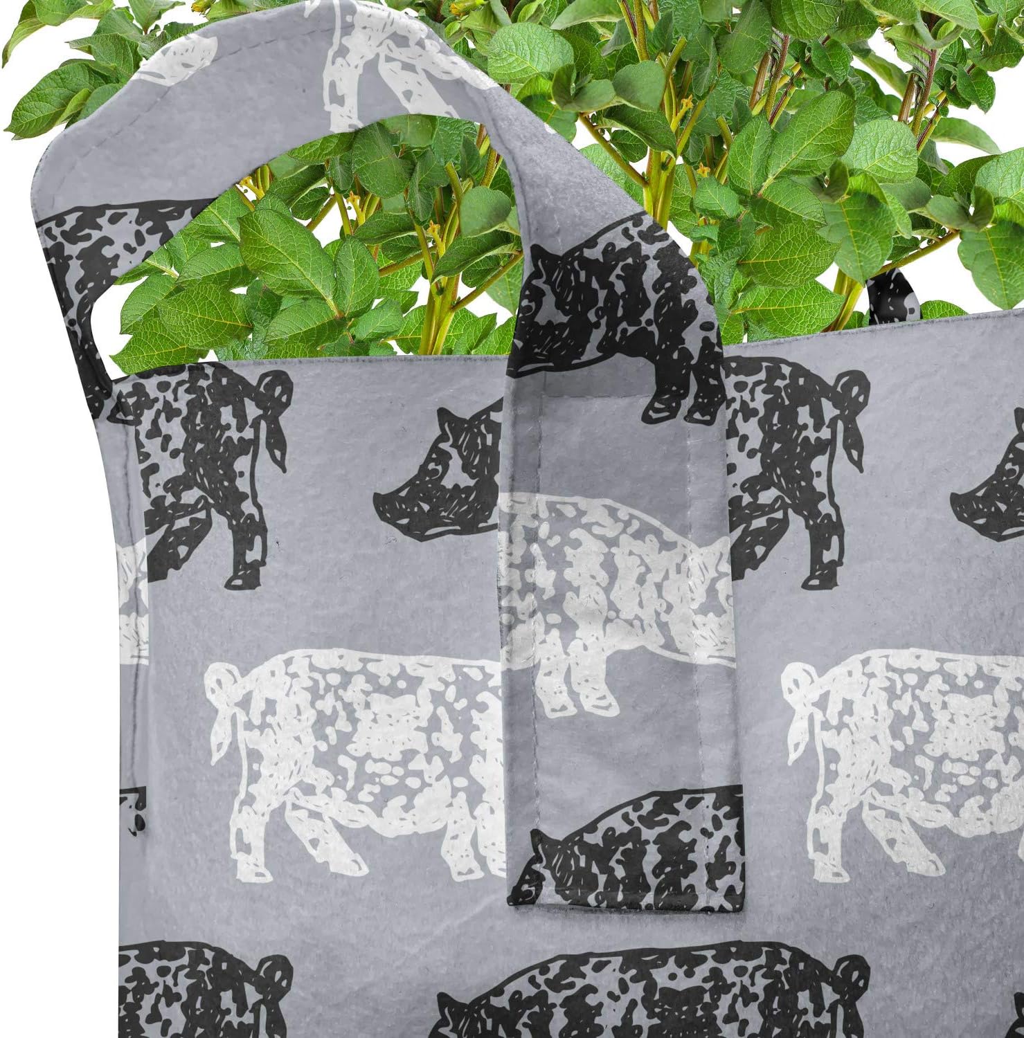 Lunarable Pig Grow Bags 5-Pack, Spotted Wild Animal Silhouettes, Heavyduty Fabric Pots with Handles for Plants, 7 Gallon, Grey and White