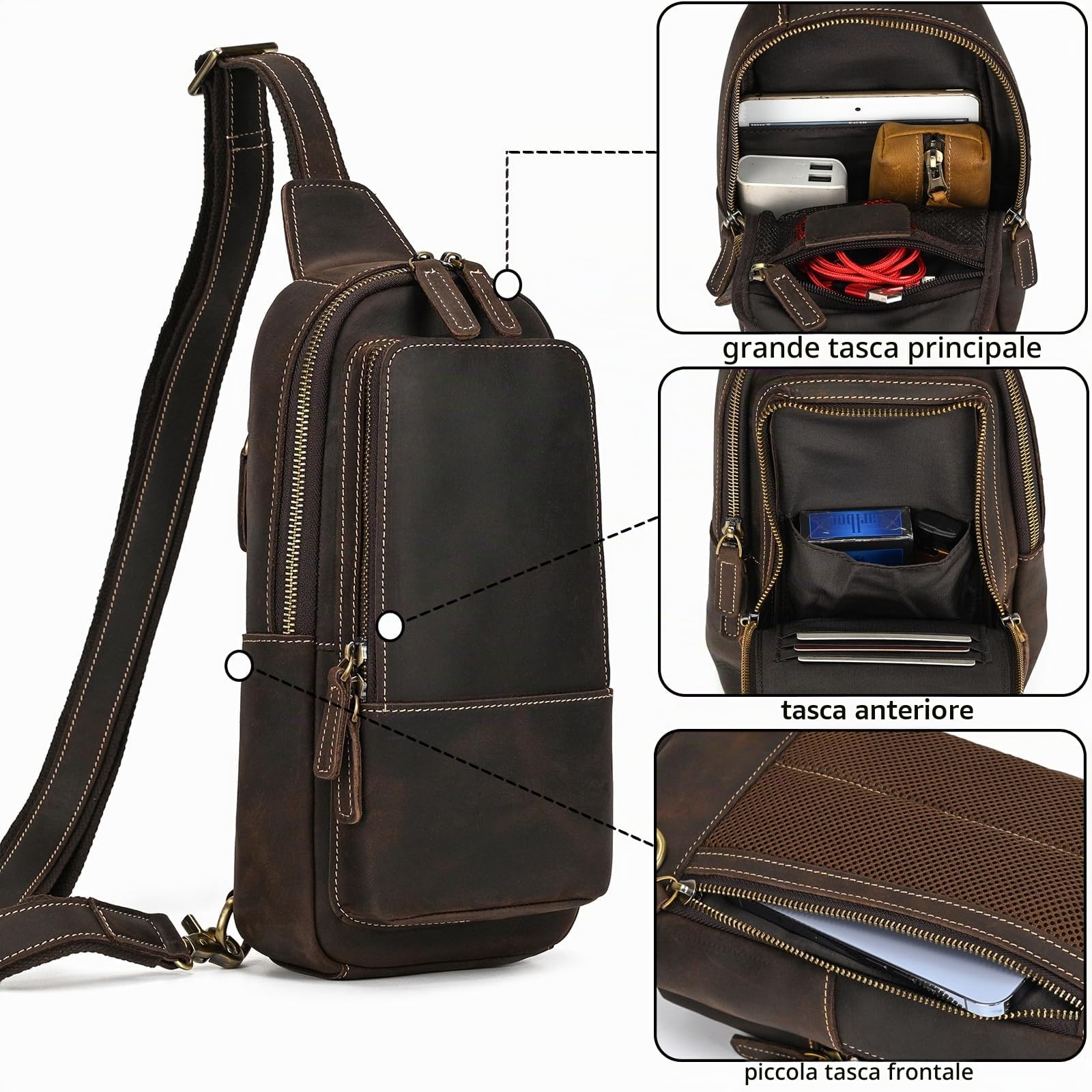 Borse Petto Borsa Crossbody Pelle Zaino Spalla Monospalla Pelle Marsupio Zainetto Piccolo Sling Bag Borsello a Tracolla per Uomo Viaggio Trekking Camminare