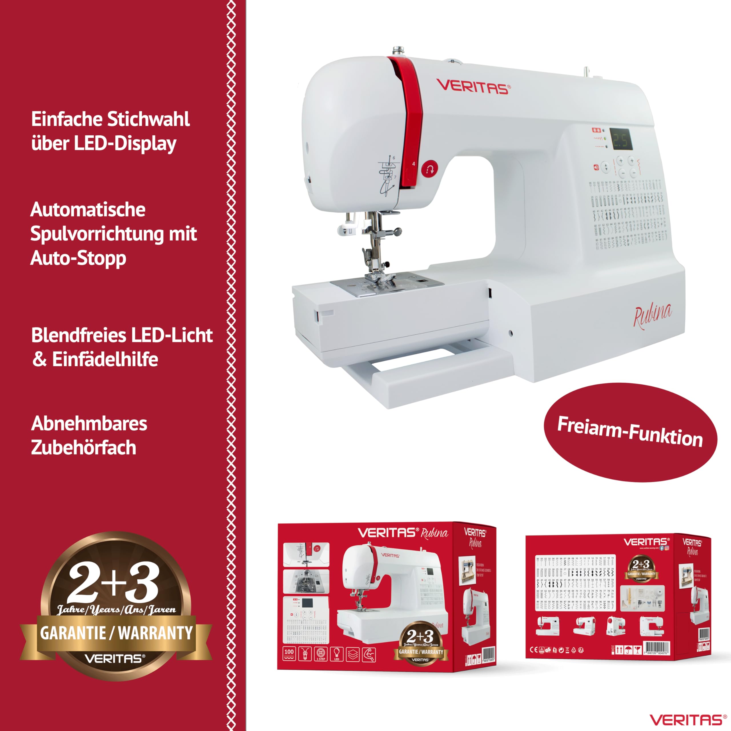 VERITAS Nähmaschine Rubina I Digitale Computer-Nähmaschine I 100 Stichprogramme I Auto-Fadenspannung & Einfädelhilfe I Fadenabschneider I Einstellbare Stichlänge I LCD-Display & LED-Nählicht (weiß)
