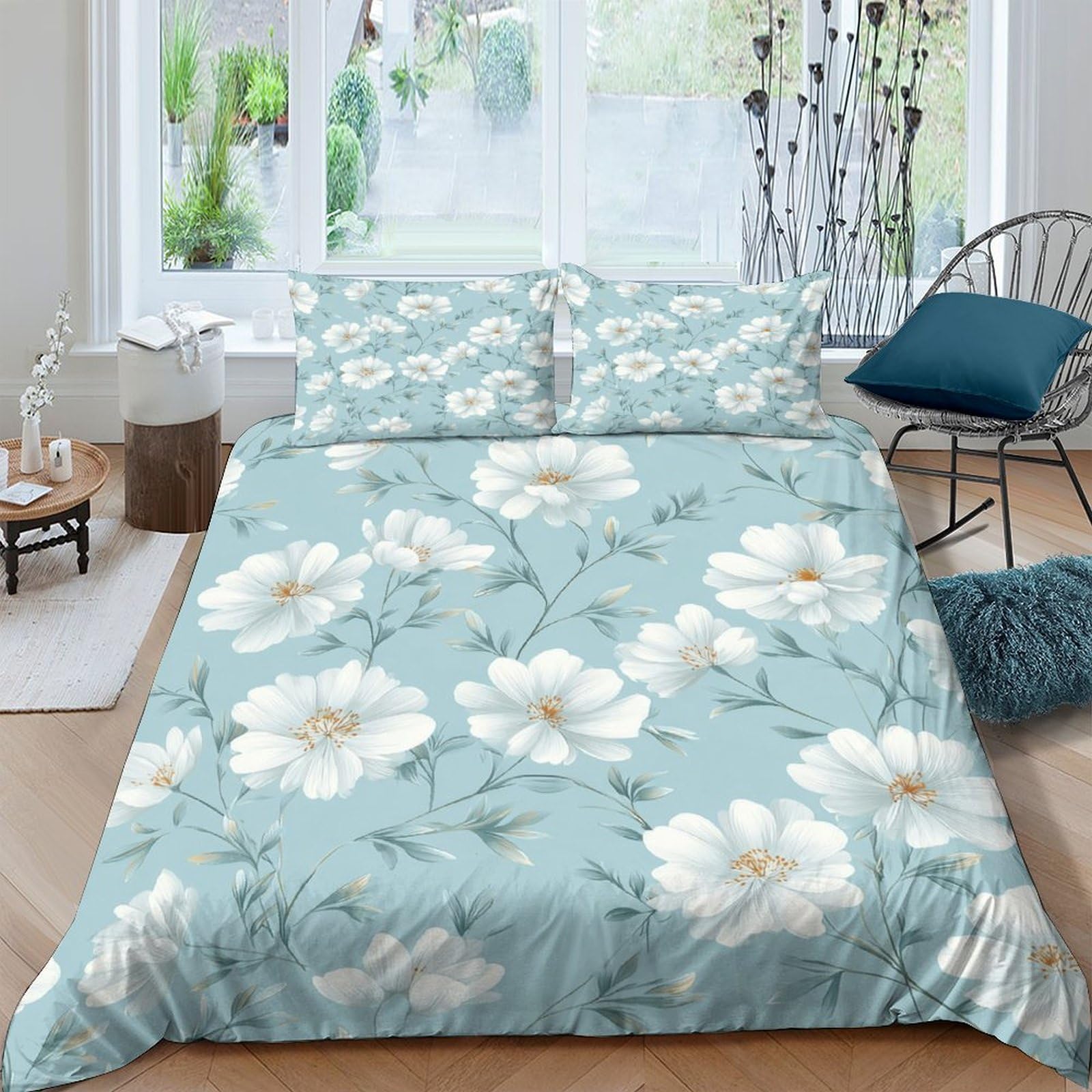 Ctjqhvkz Style-9 3D Printed Blue Daisy Fitted Sheet Microfiber Soft Floral Mattress Cover For Bedroom Guest Room Protection Single（135X200cm）