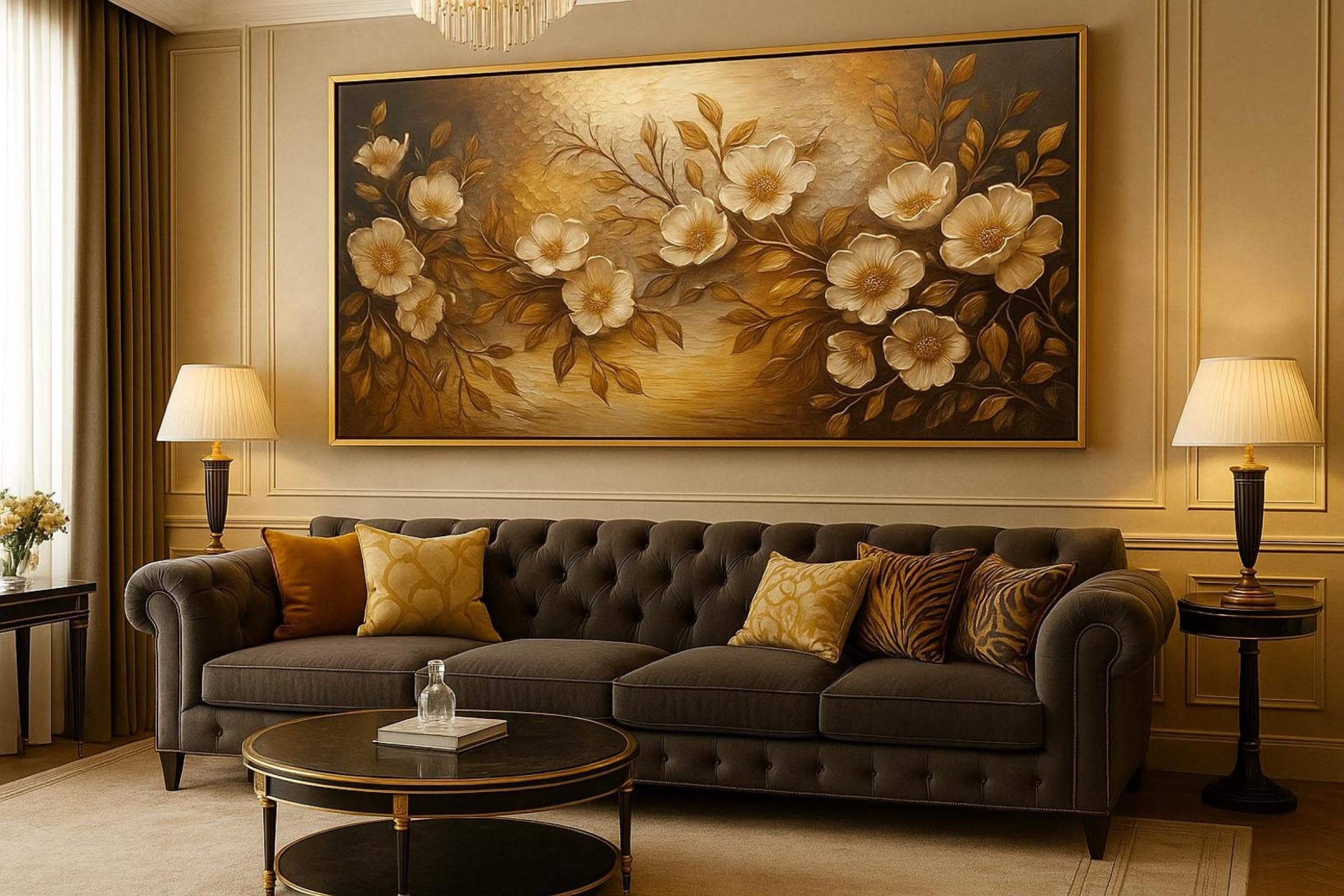 Décoration d'Intérieur Moderne Fleurs Dorées salon cadre 40x80 - 6