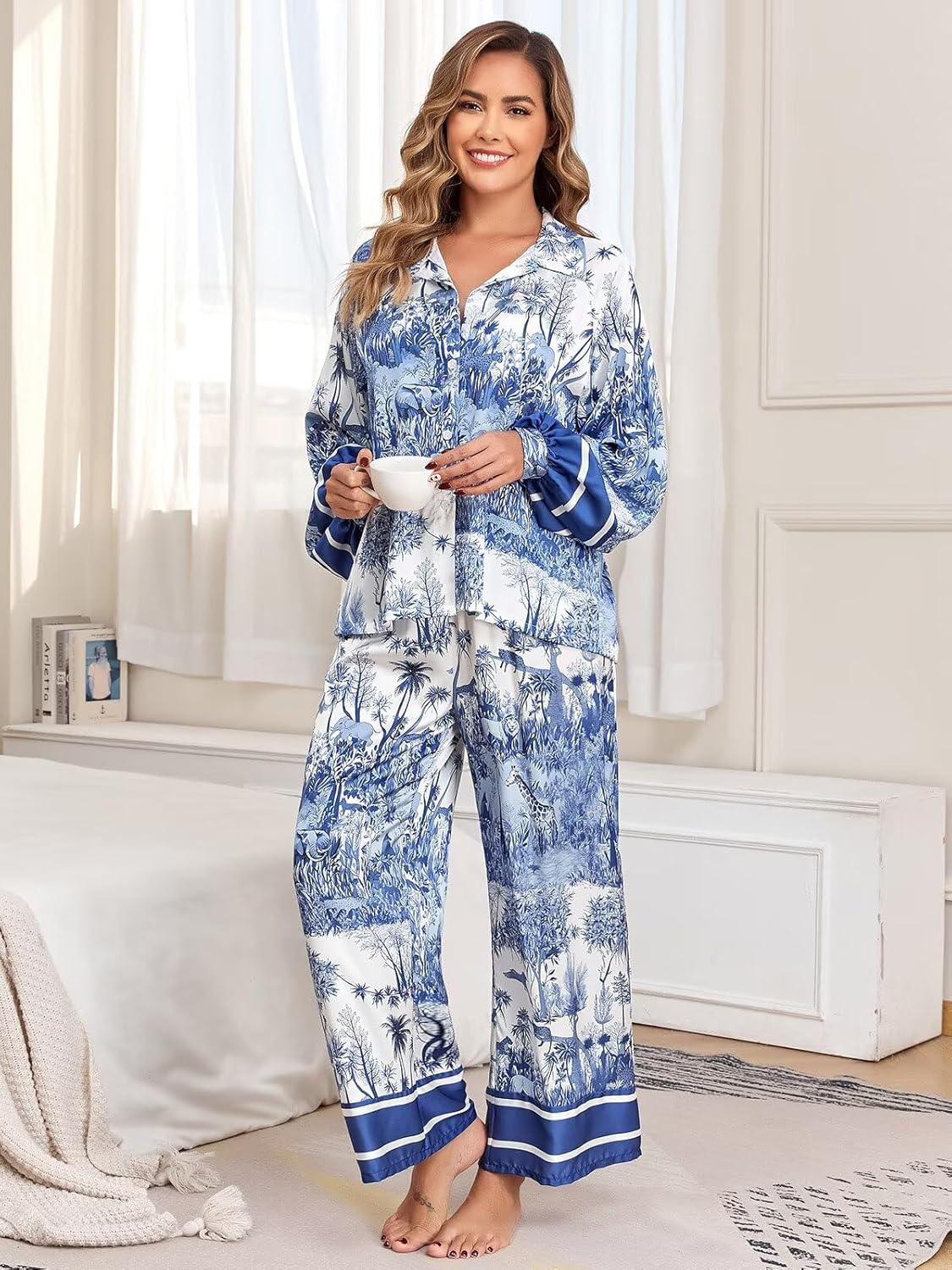 Jusfitsu Women's Silk Satin Pajama Sets for Women 2 Piece Button Down Pjs Set Oversized Long Sleeve Animal Print Sleepwear - Image 3
