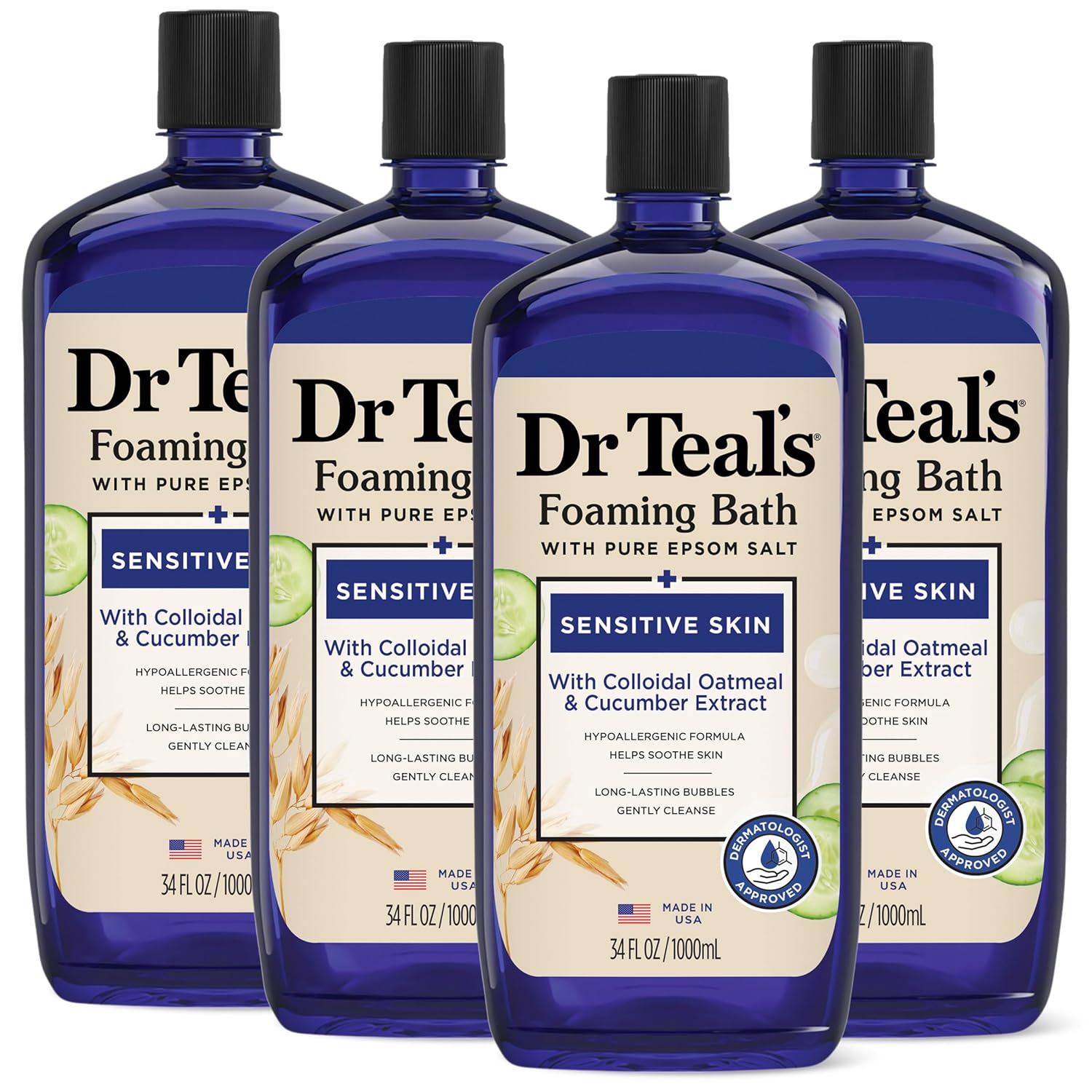 Dr Teal's Foaming Bath with Pure Epsom Salt, Sensitive Skin with Colloidal Oatmeal & Cucumber, 34 fl oz (Pack of 4)