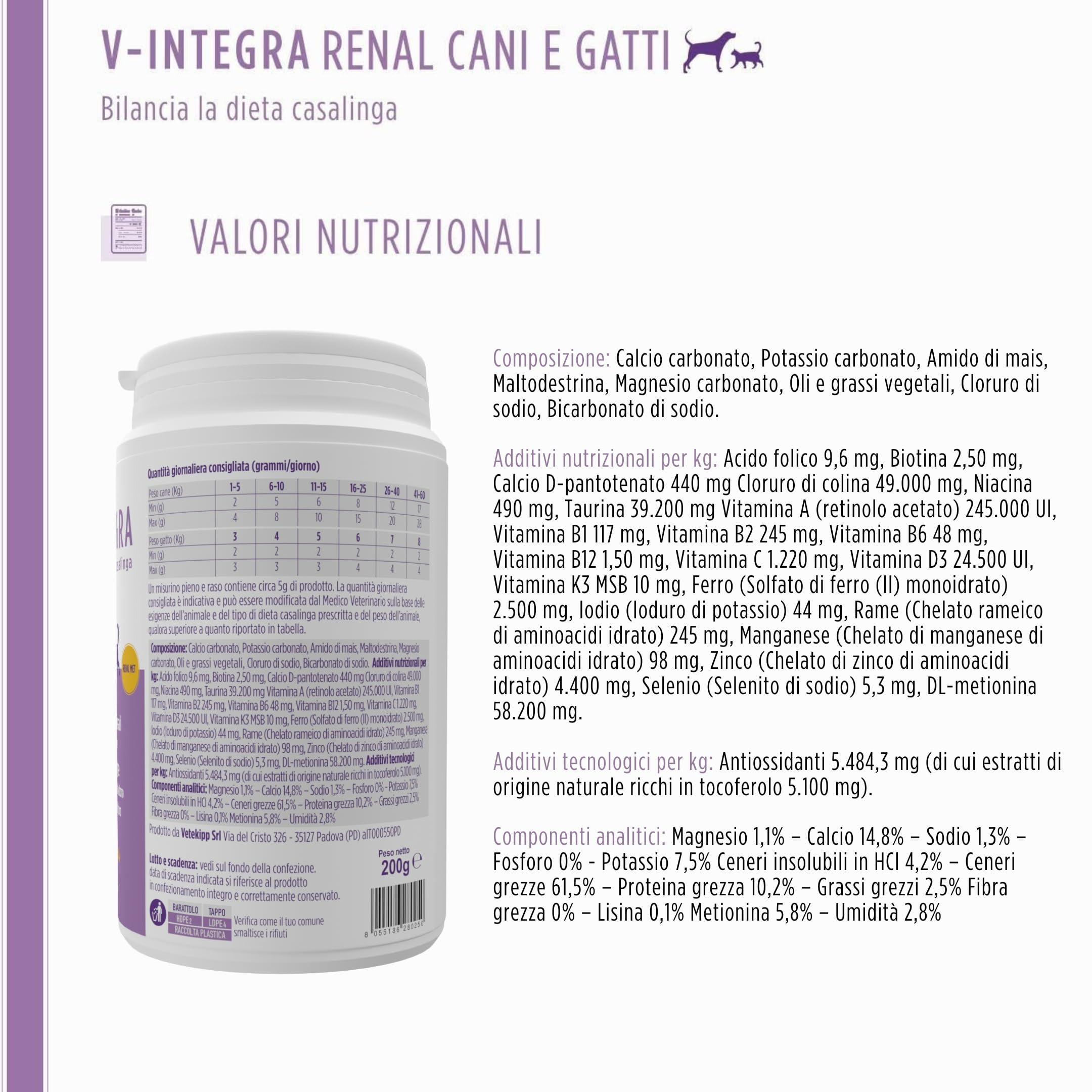 V-INTEGRA Renal Met (con Metionina) - Integratore Completo Ricco di Vitamine e Minerali, per la Dieta Casalinga di Cani e Gatti che Richiedono una Restrizione di Fosforo - 200g - Made in Italy