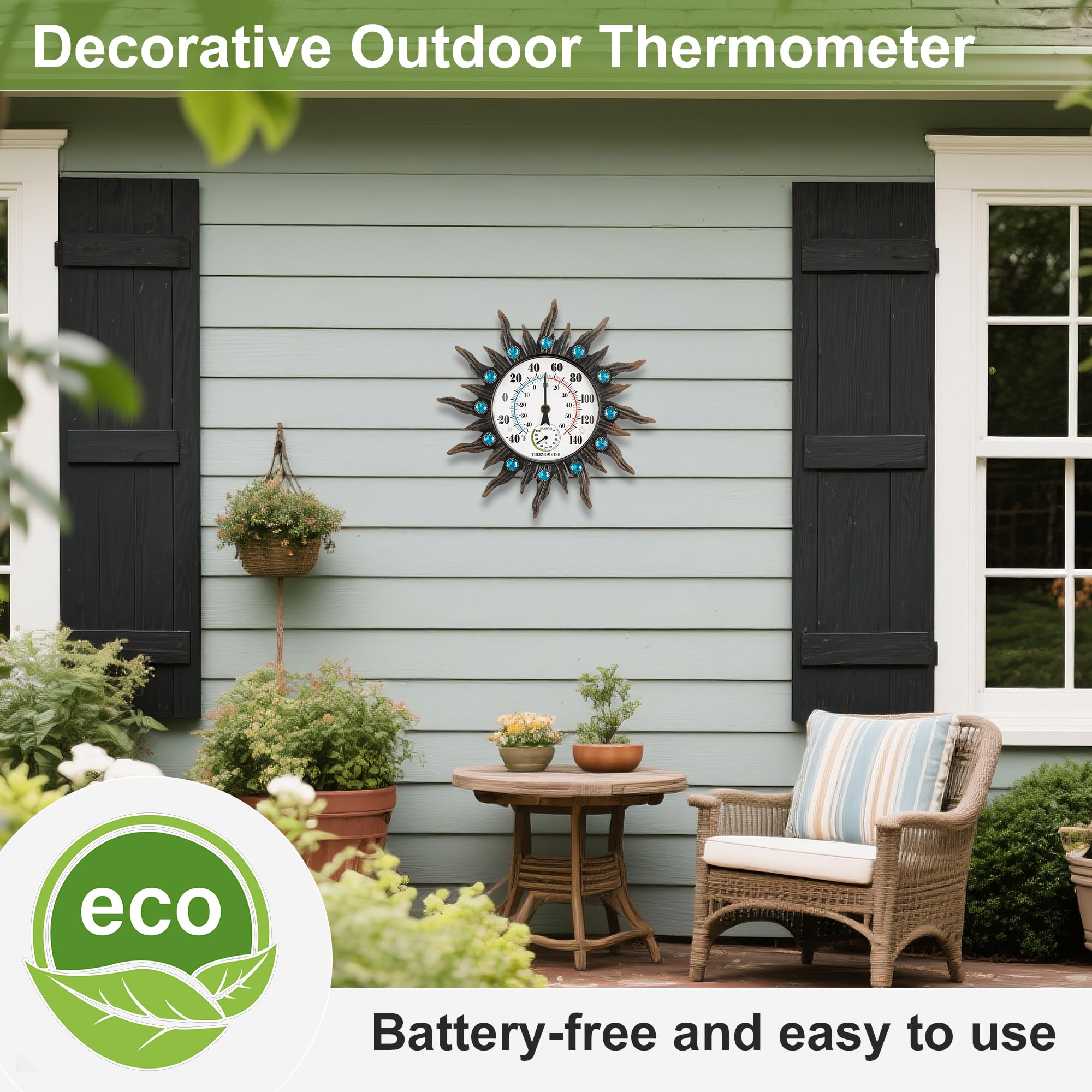 Termómetro higrómetro para interiores y exteriores, impermeable de 13 pulgadas, gran pared solar, termómetros decorativos para patio, jardín, invernadero, fácil de leer, no requiere pilas