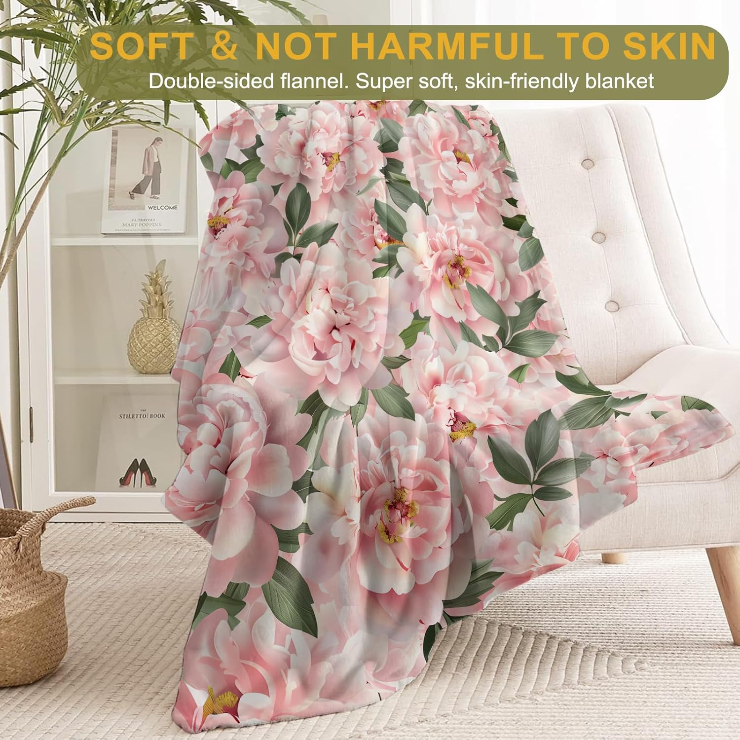 Floral Peony Flannel Blanket - Lush Pink Flower and Green Leaves Throw,Playful Gifts for Women & Nature Lovers, Ultra Soft & Warm,Lightweight,for Couch Bedroom Living Room Decor 50x60in - Image 2