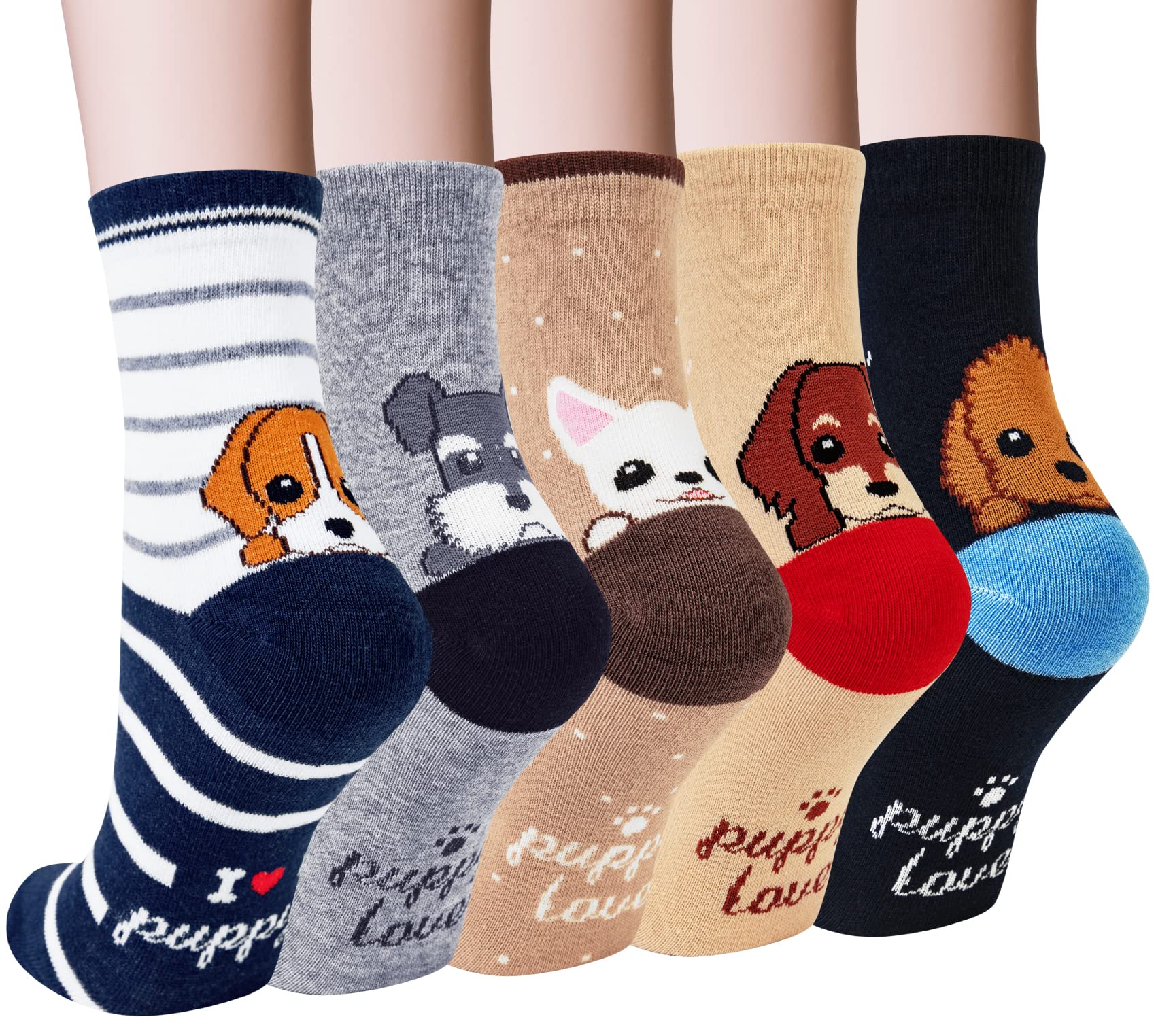 YSense 5 Pairs Cute Animal Socks for Women - Funny Dog and Cool Cotton Art Painting Cat Designs