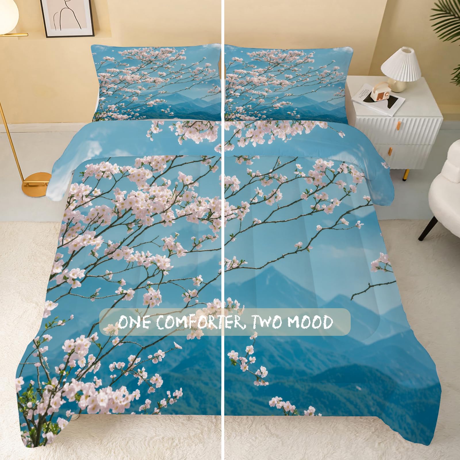 Bettdecke 155x220 Rosa Bettdecke Ohne Bezug, 4 Jahreszeiten Bettdecke Wende 240GSM, Bettdecken Kinderbettdecke Waschbar Steppdecke 155x220 mit 2 Kissenbezug 80x80cm, Blau, Japanische Kirschblüten