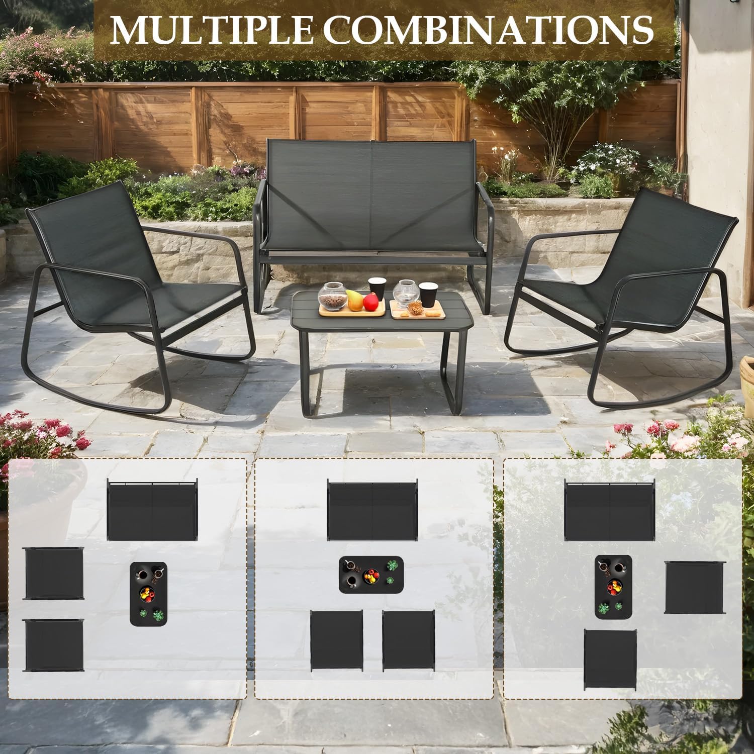 GEONKAI 4 Piece Patio Furniture Set, Olefin Loveseat Outdoor Furniture with 2 Rocking Chairs, Patio Conversation Set with Coffee Table, Breathable & Comfortable for Garden, Poolside, Balcony (Black)