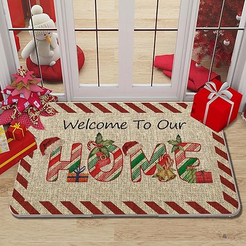 Miniatura 5 de GAGEC Tapete de Navidad para puerta de exterior, tapete de bastón de caramelo, alfombra de entrada roja y blanca, tapete de puerta de menta para