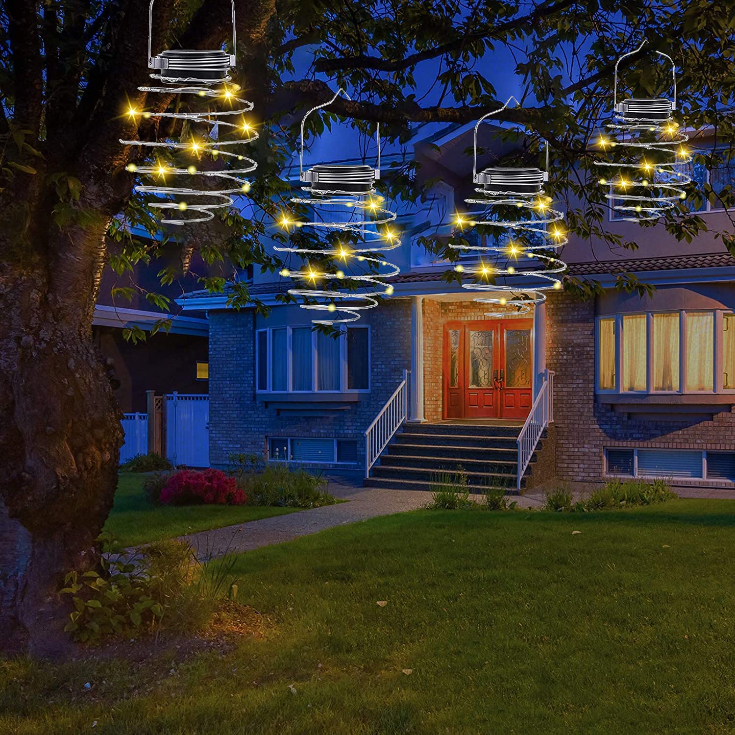 4 faroles solares en espiral, linterna colgante creativa con asa, luces decorativas de jardín al aire libre alimentadas por energía solar para patio, porche, camino