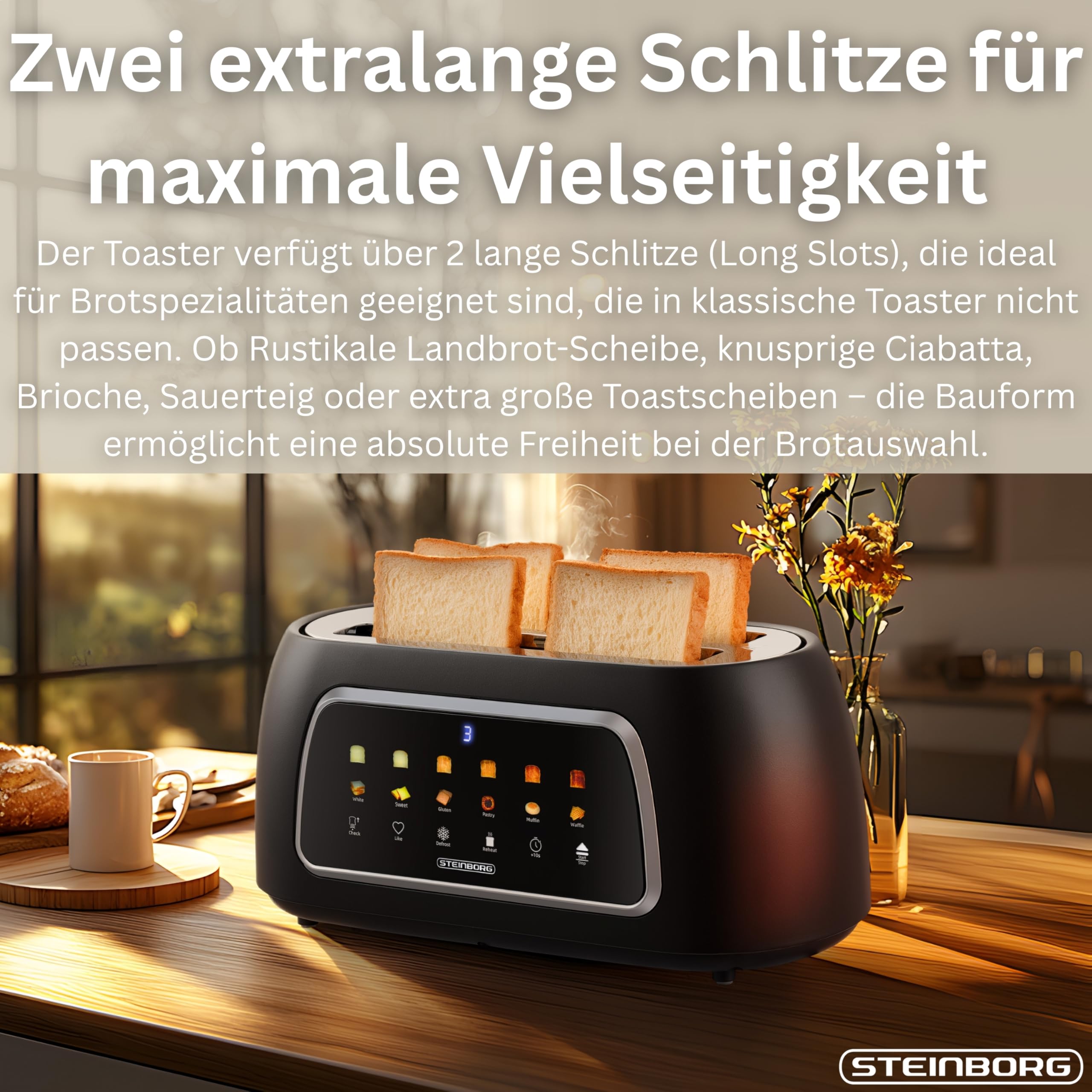 Steinborg Tostapane automatico con inserto per panino, 4 fette, funzione di sollevamento automatico senza leva, tostapane automatico, display digitale, indicatore del pane, spegnimento automatico