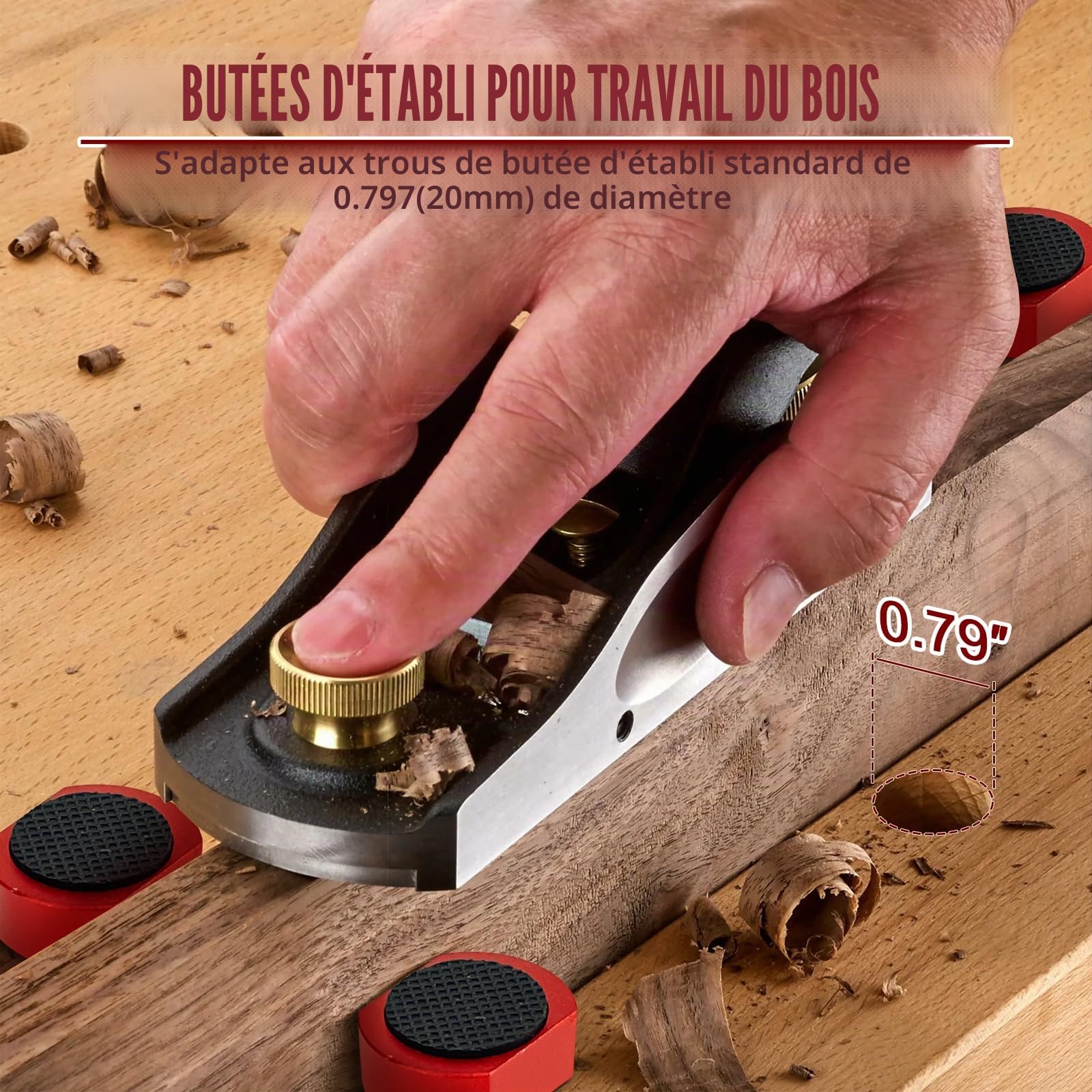 Lot de 8 pinces pour établi en alliage d'aluminium pour chien - Pince d'établi pour le travail du bois - Pince pour établi - Accessoire pour trou pour chien de 19 mm/20 mm (rouge, 20 mm)