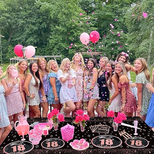 Miniatura 6 de Decoraciones de cumpleaños número 18 en negro y oro rosa para niños y niñas - 81 piezas de platos, servilletas, mantel de 18, tenedores para