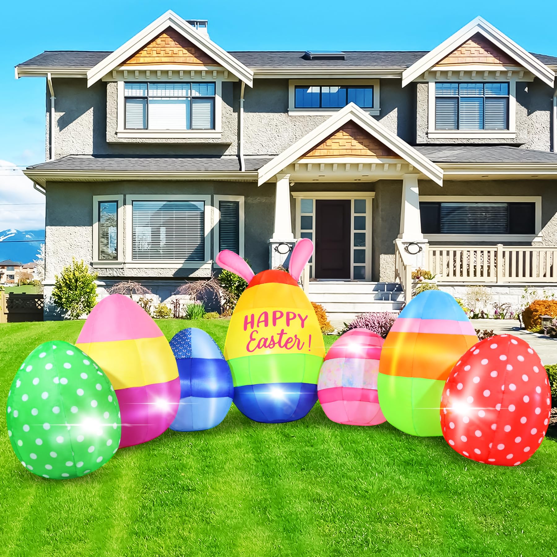 Vibrant Easter Eggs Inflatables 12FT Long, Seven Eggs Inflatable Outdoor Decorations Built in LED Lights, Fun Lighted Eggs Easter Blow Ups for Yard Patio Garden Lawn Celebration Decor