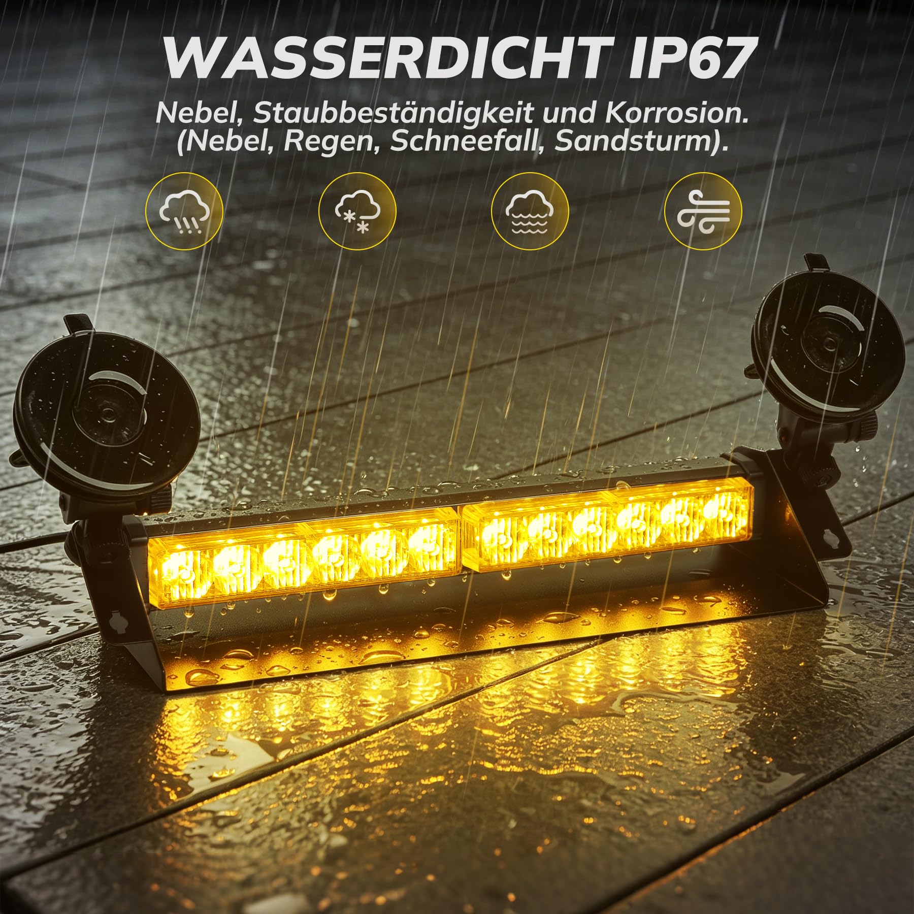 16 Zoll LED-Notwarnlicht Warnleuchte - Gelbes Stärke Blinklicht - LED Stroboskop-Lichtleiste Bernstein Gelb für Auto & LKW - 24 LEDs, 9 Blinkmodi, 4 Saugnäpfe (Orange)