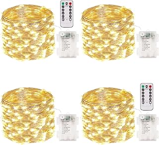 4-Pack 33FT 100 LED Fairy Lights Battery Operated with Remote & Timer, Waterproof Twinkle String Lights Outdoor Indoor 8 Modes for Bedroom Dorm DIY Christmas Party Wedding Garden Tree (Warm White)