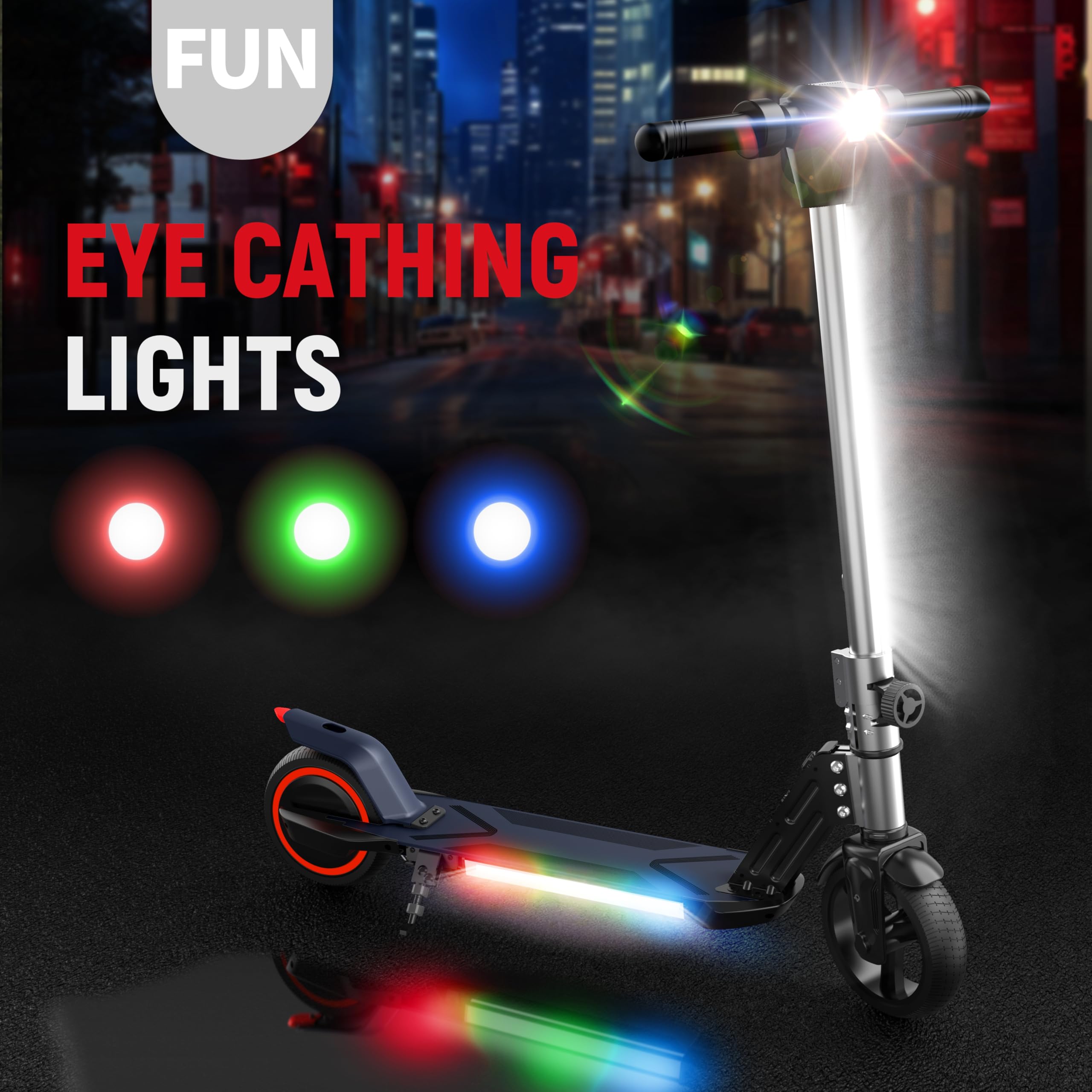 Patinete eléctrico plegable negro para niños, con luces de cabeza LED, luces de barra frontal brillantes, luces brillantes en el pedal, pantalla LED, motor de doble freno de 150 W, scooter 4