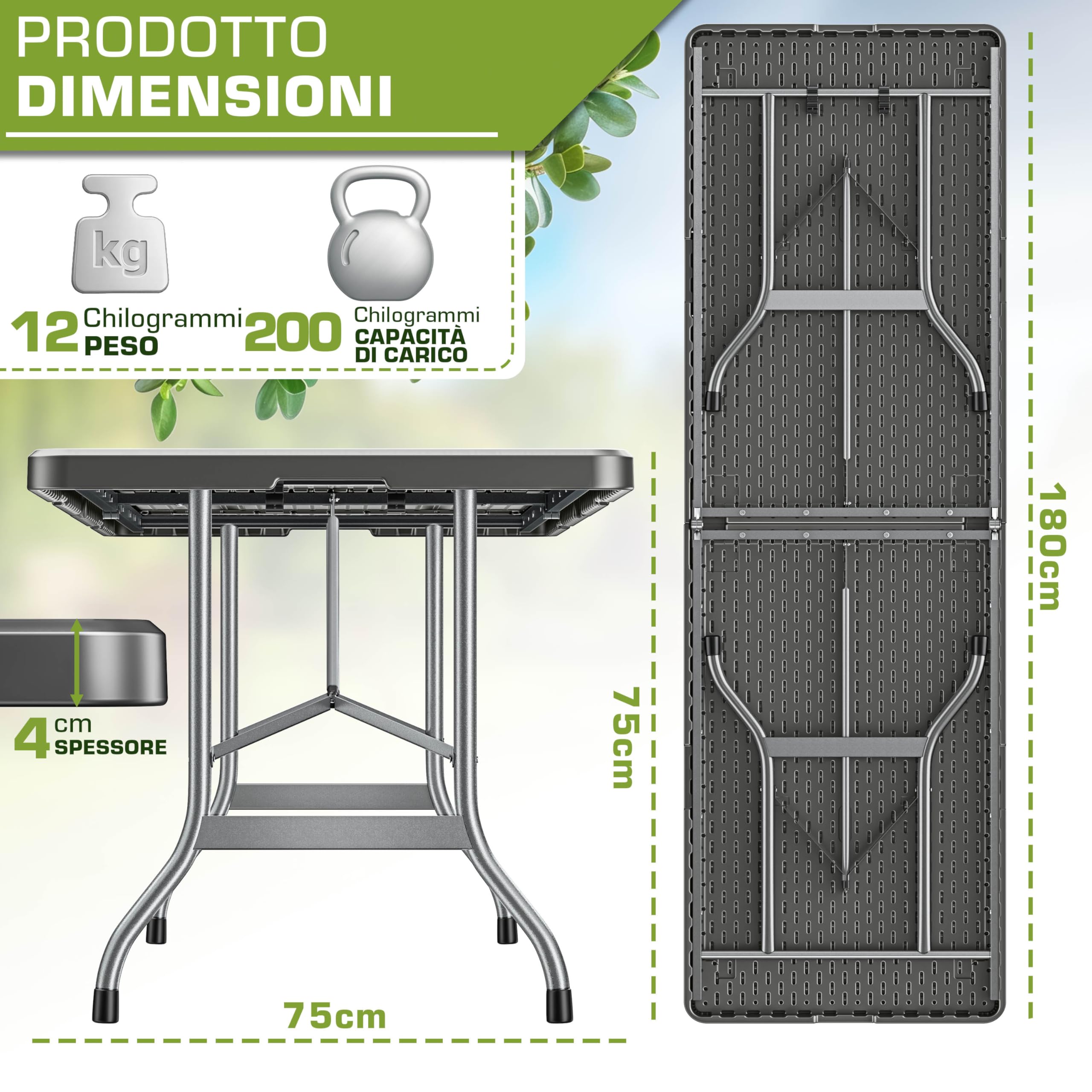 tillvex Tavolo da giardino pieghevole 180x75cm plastica