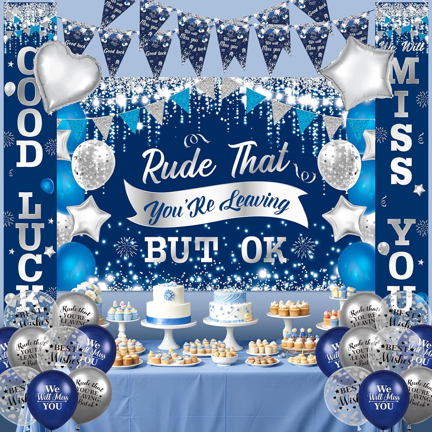30Pcs Farewell Party Decorations Blue Silver We Will Miss You Banner Rude That You're Leaving But OK Backdrop Balloon Retired Sash Paper Pompoms for Coworker Leaving Going Away Retirement Party Decor