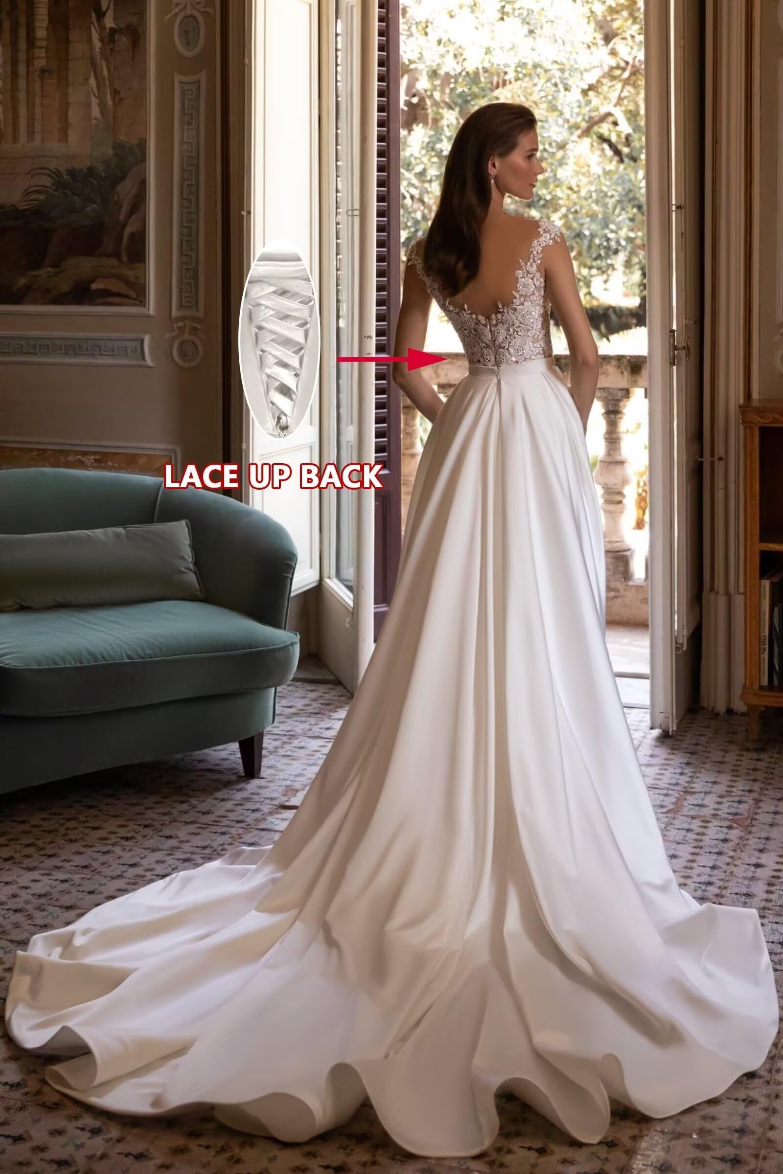 Vestido de Novia de Encaje con Hombros Descubiertos Vestido de Novia Estilo Boho Corte en A Vestido de Novia de satén Corte en A sin Tirantes MT078