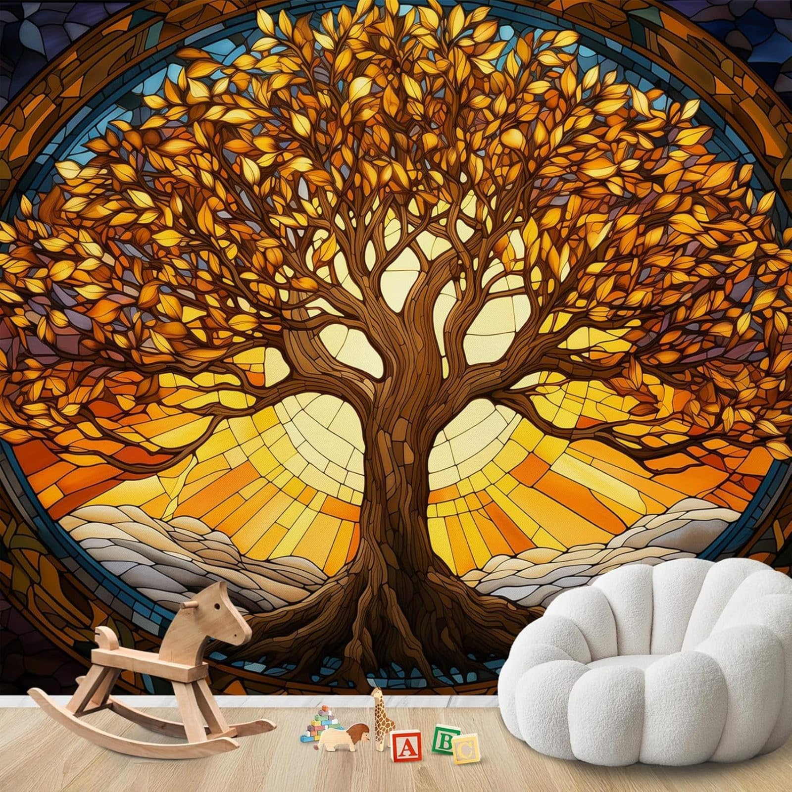 kfjhgbdshhj Photo Wallpaper Tree of Life Mosaic Tree of Life Spiritual Non-Woven Modern Living Room Bedroom Children's Room Wall Decoration Motif,430cmx300cm Stickers - Frameless Painting - Poster