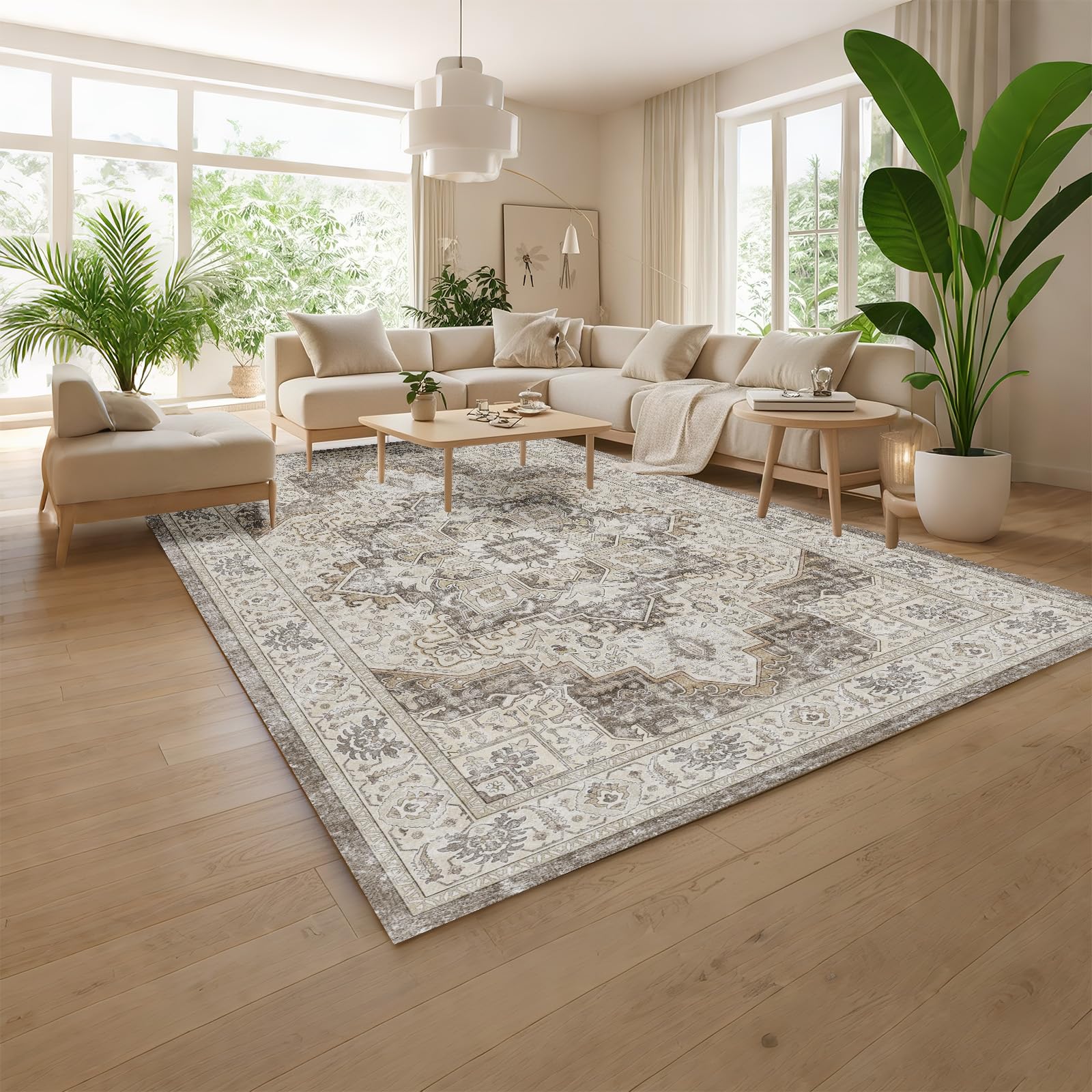 Teppich Wohnzimmer Braun 200x300 cm, rutschfest & Waschbar, Großer Orientalischer Vintage Teppich, Weicher Kurzflor für Esszimmer & Büro
