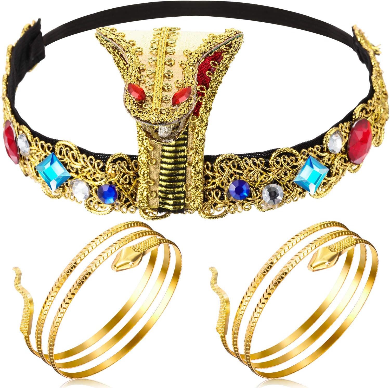 Hicarer 3 Pcs Egyptian Costume Accessories for Women Mardi Gras Gold Egyptian Queen Headpiece with Metal Snake Arm Cuffs Swirl Bracelets Snake Upper Bracelets for Easter Cosplay Jewelry