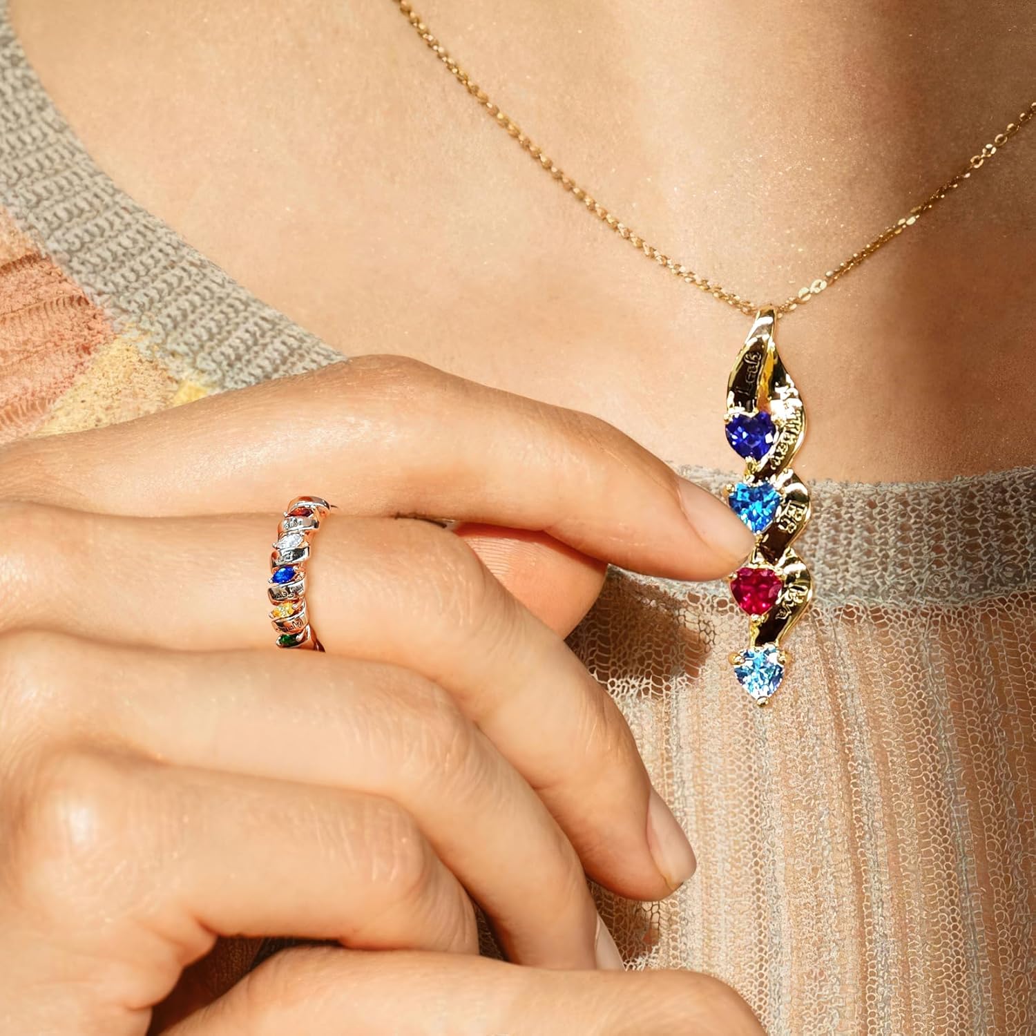 SYP S925 Sterling Silver Personalized Mothers Ring with 1-6 Names & Birthstones for Women Custom Name Ring for Mom Grandma Girlfriend Mothers Day Christmas Gift